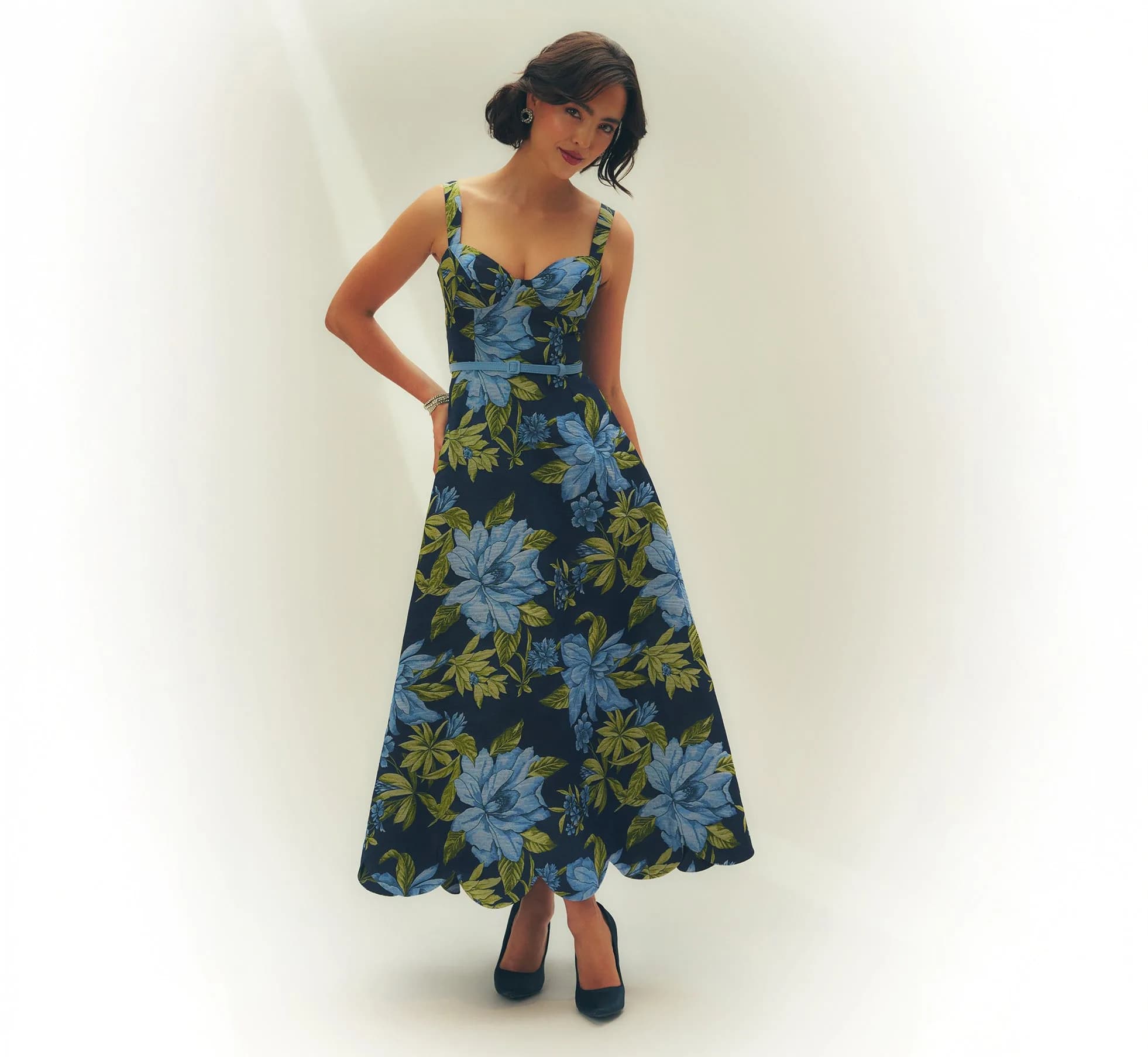 Floral Jacquard Sweetheart Scalloped Ankle Dress In Blue Multi