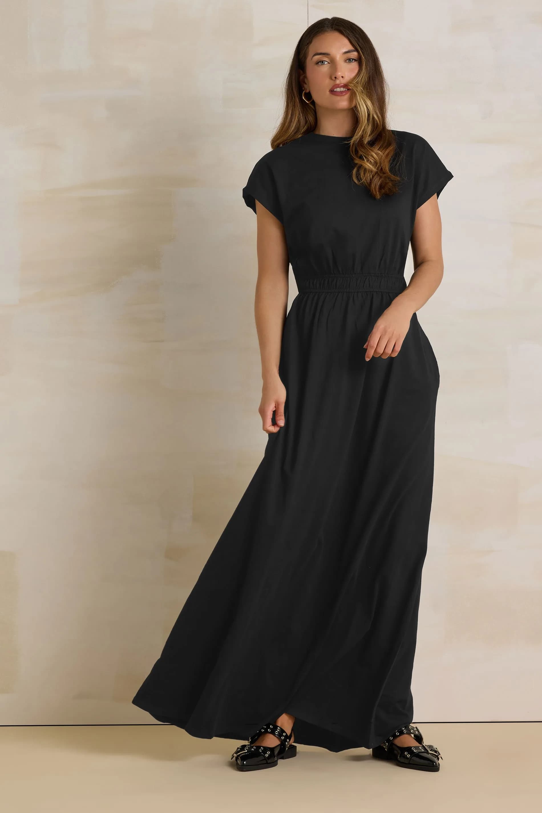 Tall Black Jersey Shirred Waist Maxi Dress