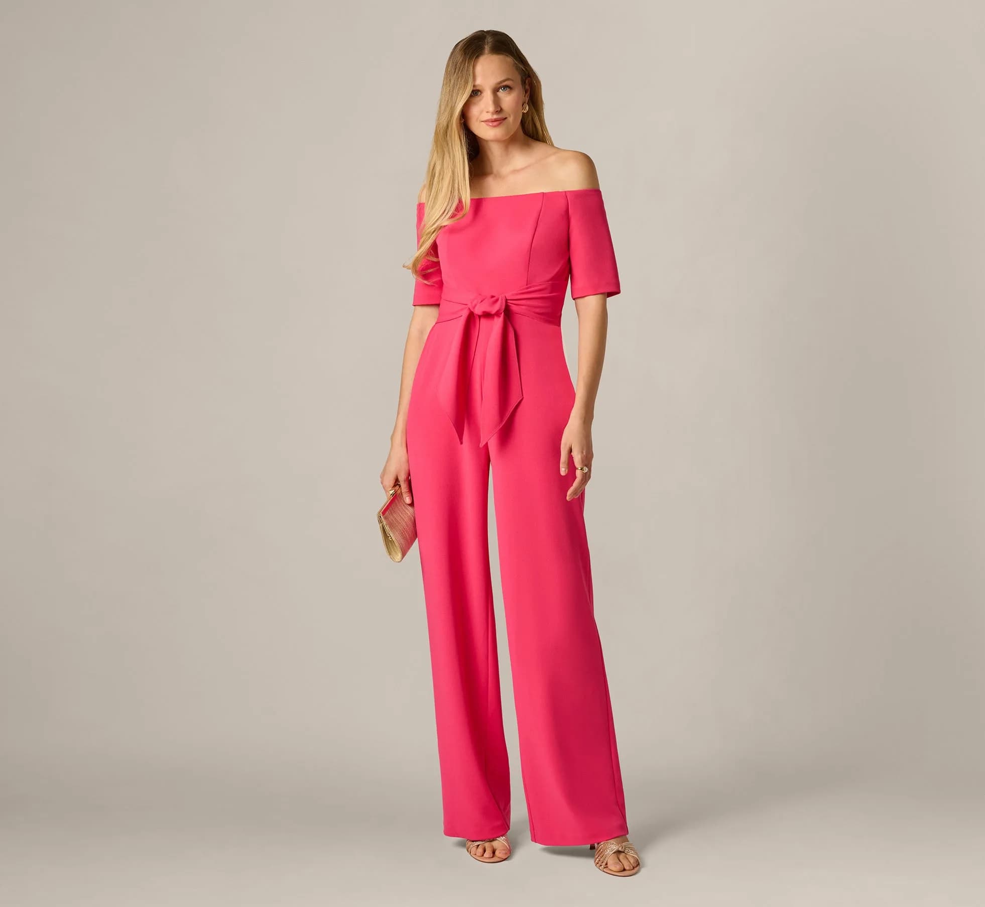 Off Shoulder Tie Front Stretch Jumpsuit