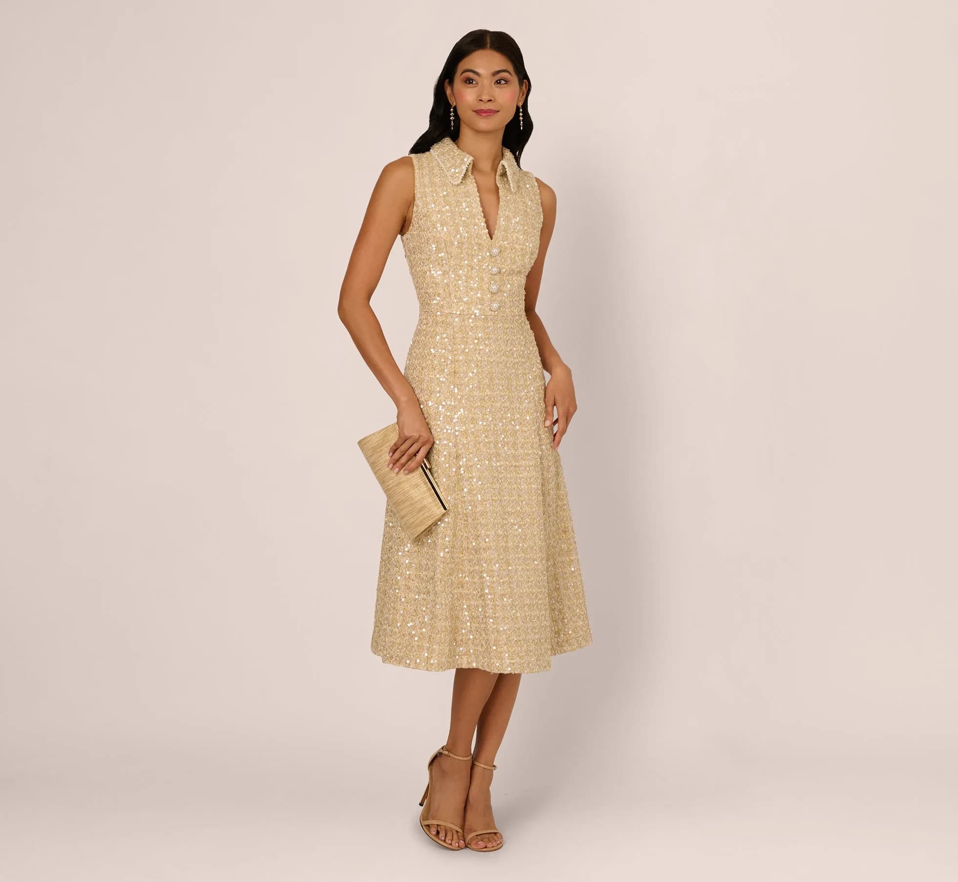Collared Sequin Tweed Midi Dress
