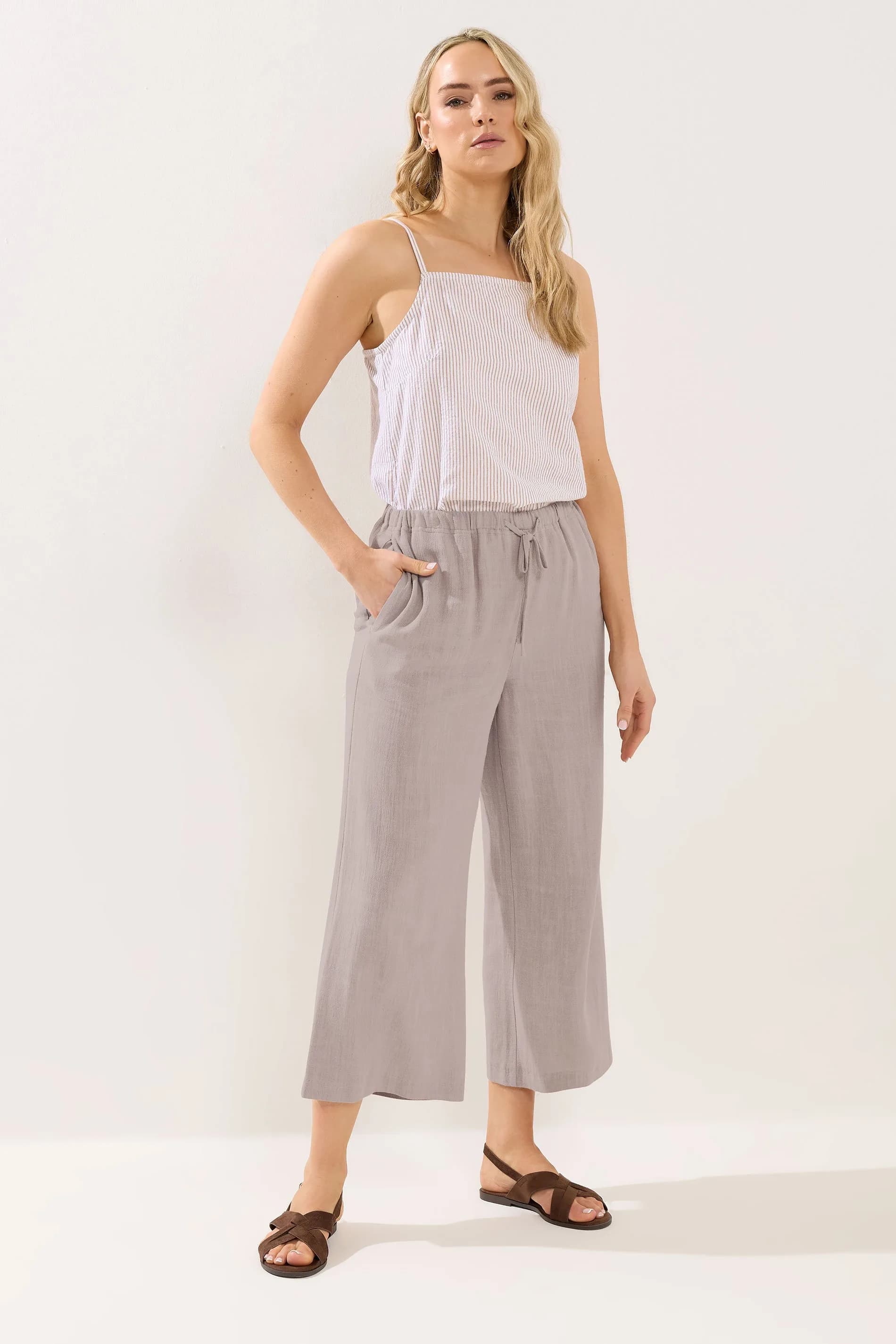 Tall Natural Brown Linen Cropped Trousers