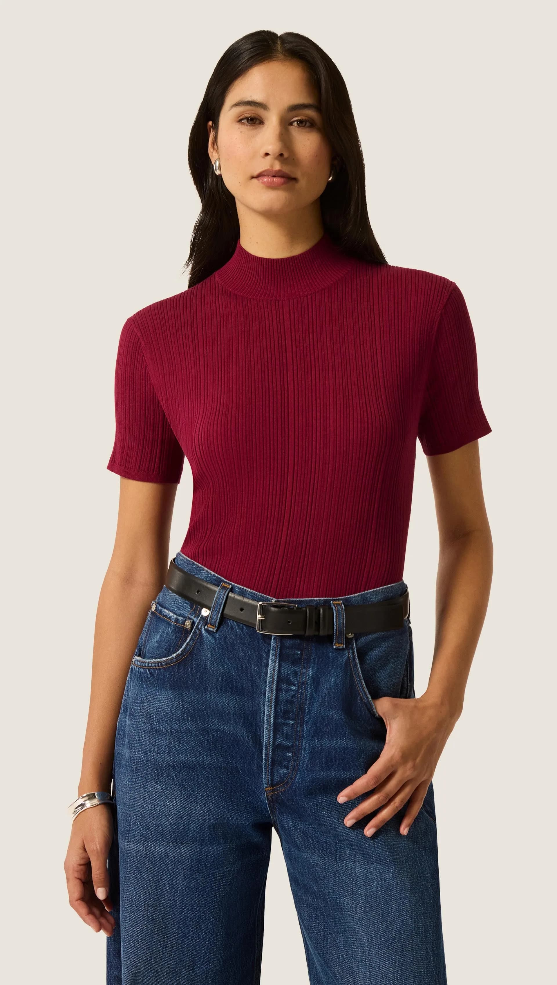 Ribbed Shortsleeve Turtleneck in Silk Cotton | Maroon