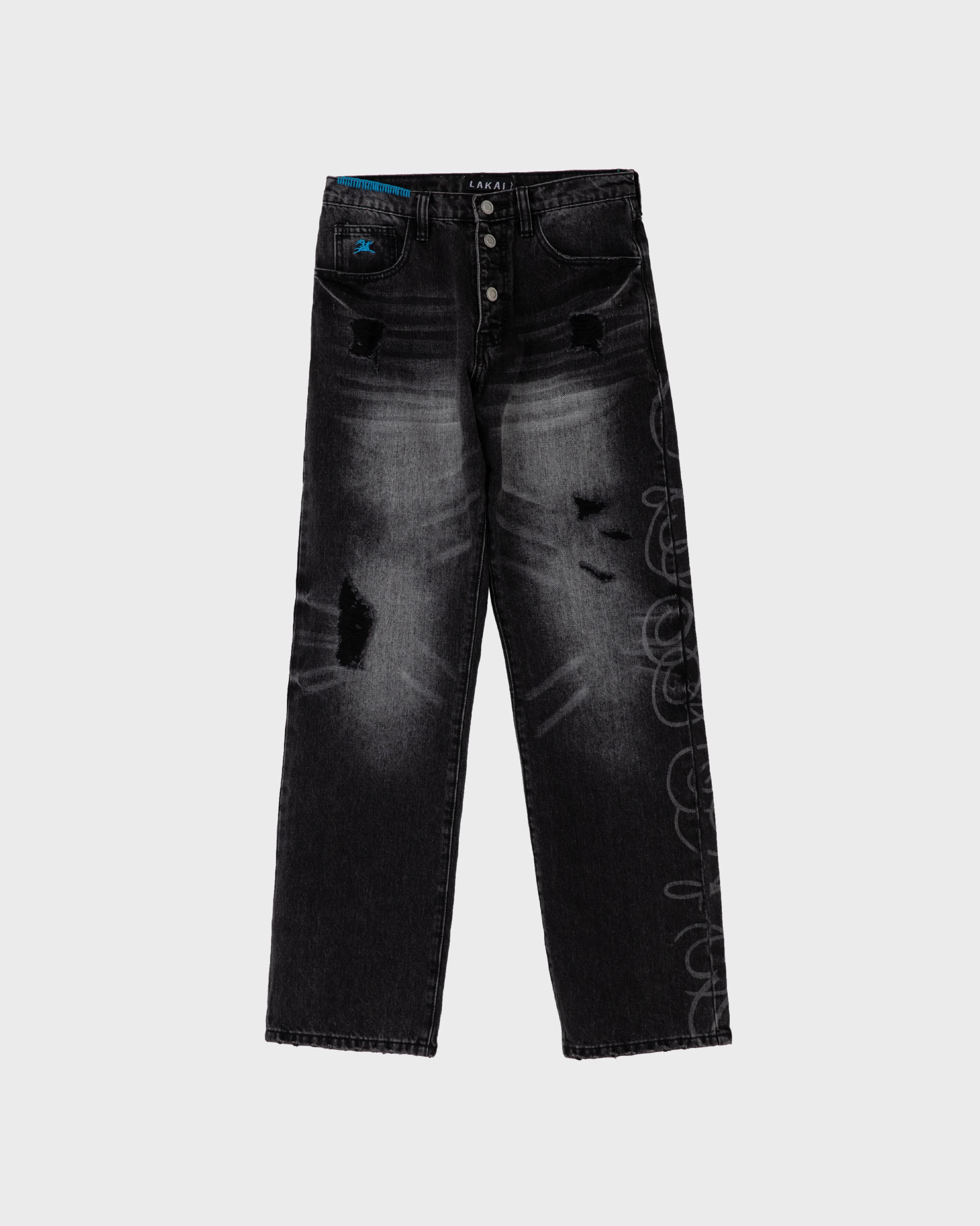 Straight Leg Denims - Distressed/Etched Black
