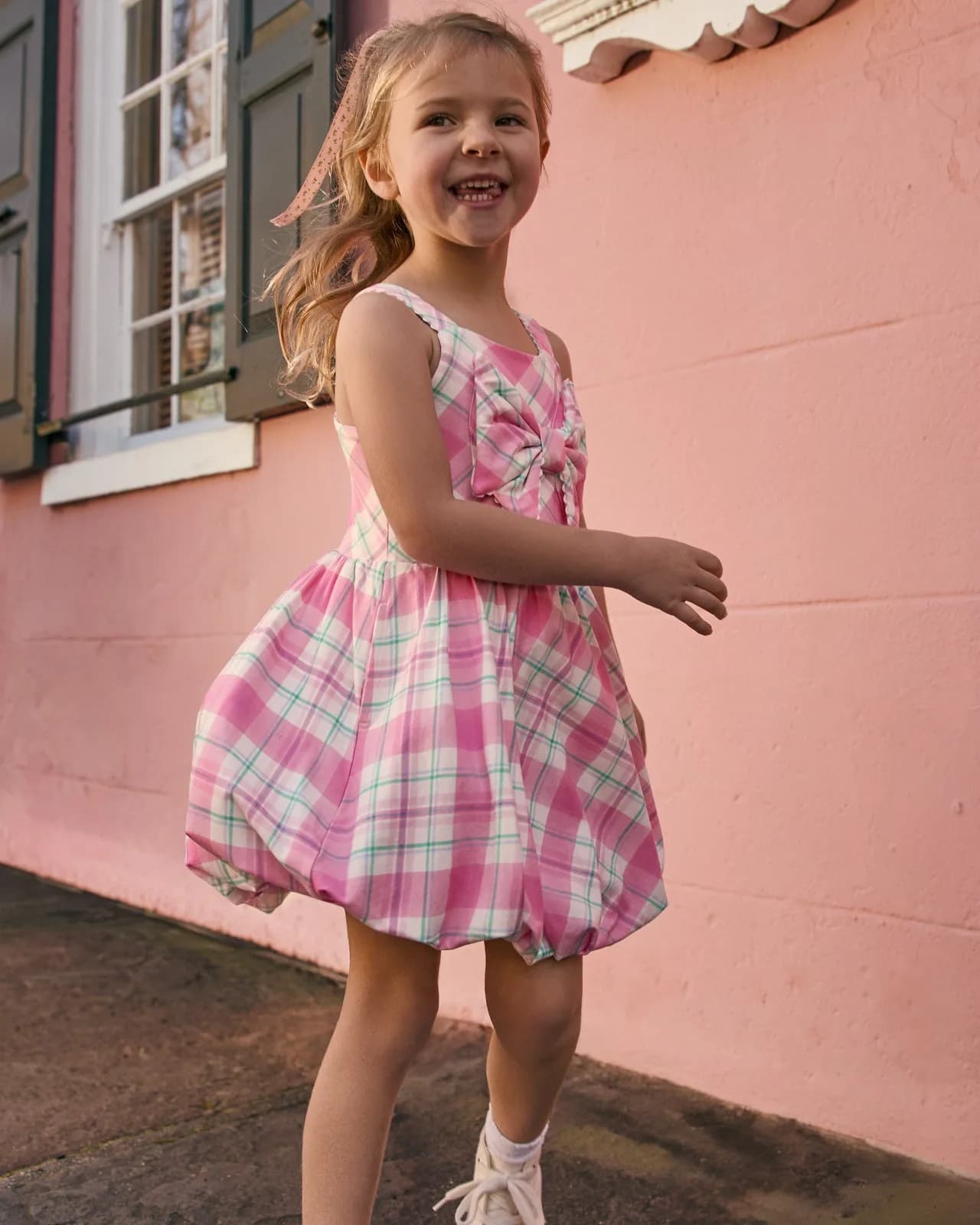 Springtime Plaid Bow Bubble Dress