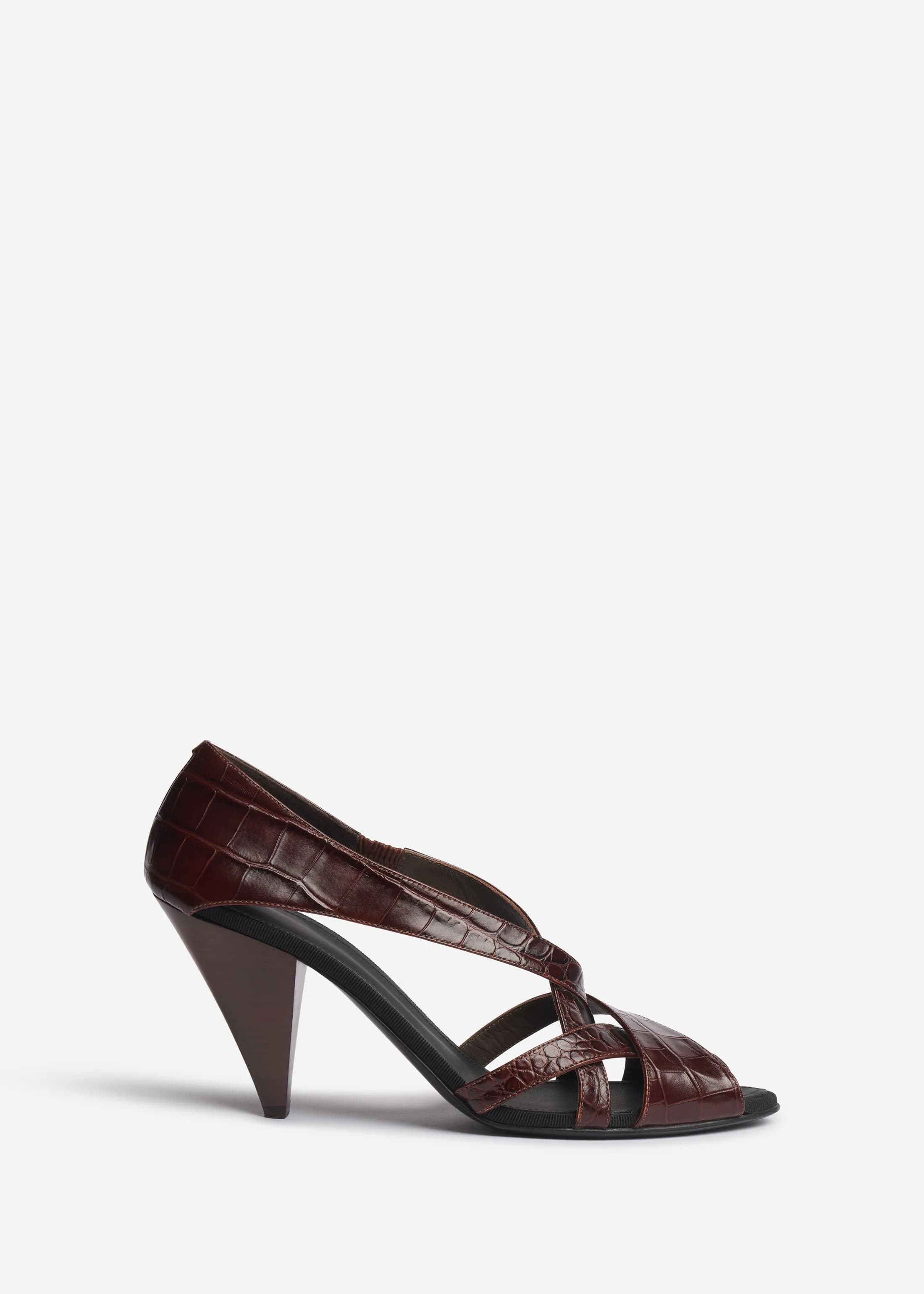 Open Toe Heeled Sandal in Crocodile Leather - Chocolate