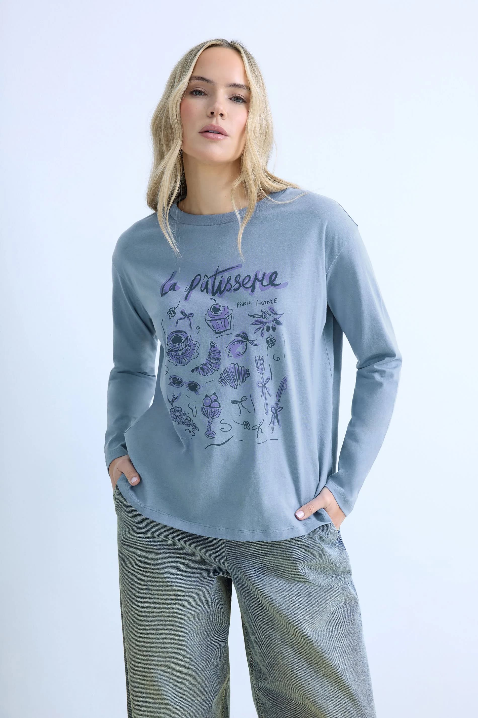 Tall Blue 'La Patisserie' Slogan Long Sleeve T-Shirt