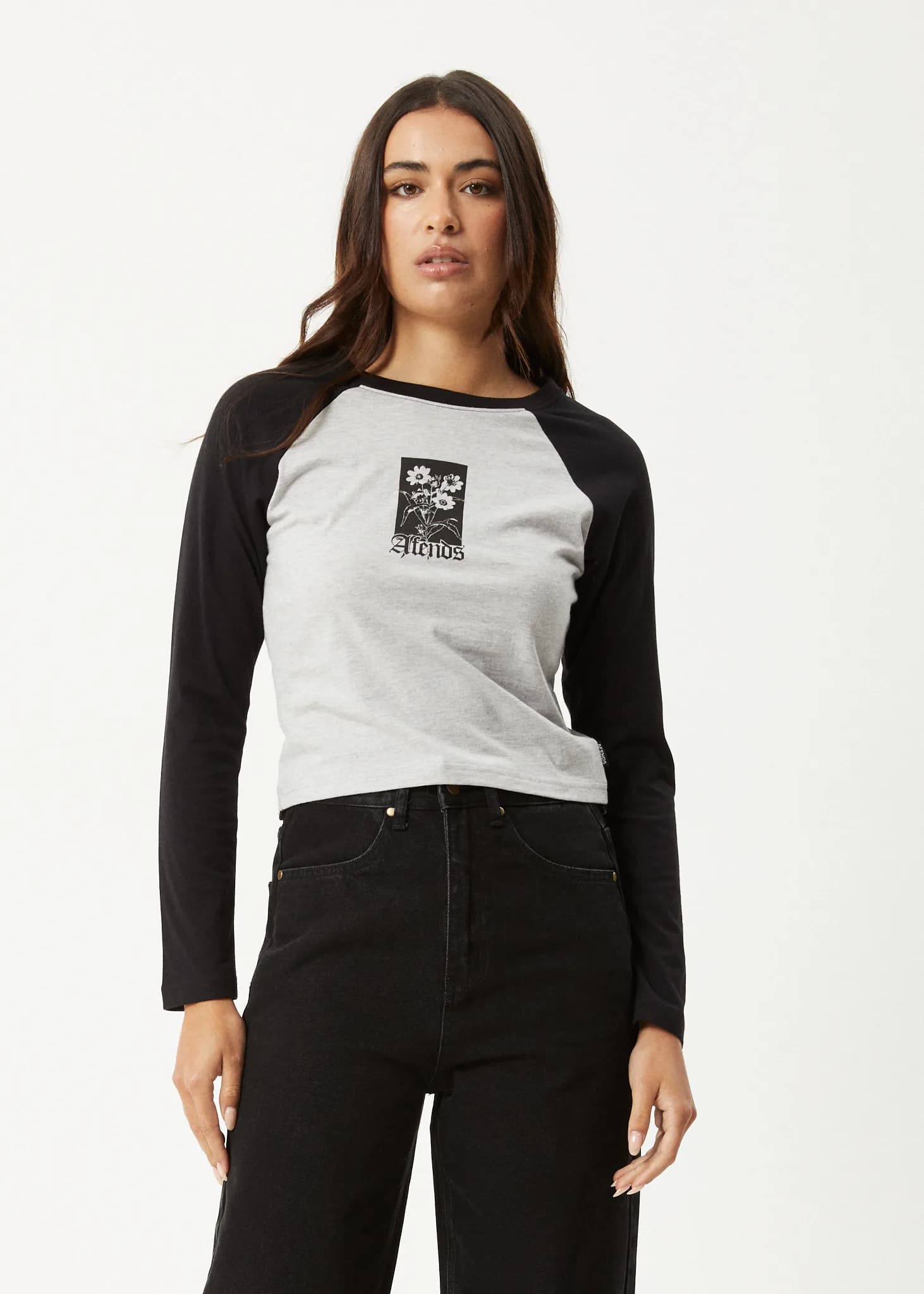 Womens Adele - Long Sleeve Raglan Tee - Black / Grey Marle