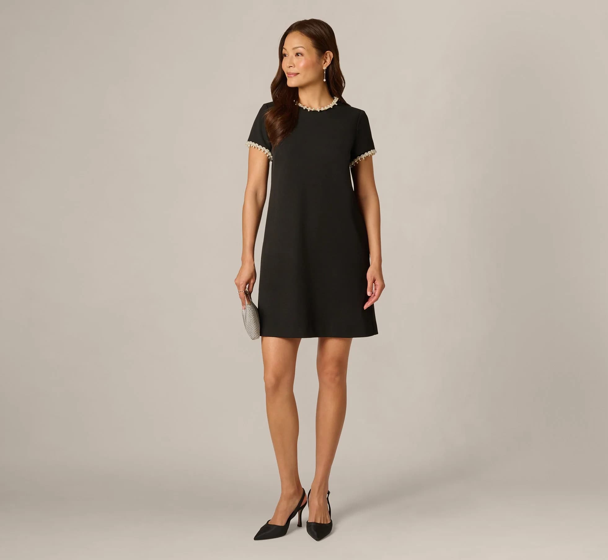 Stretch Crepe Pearly Short Shift Dress In Black Ivory