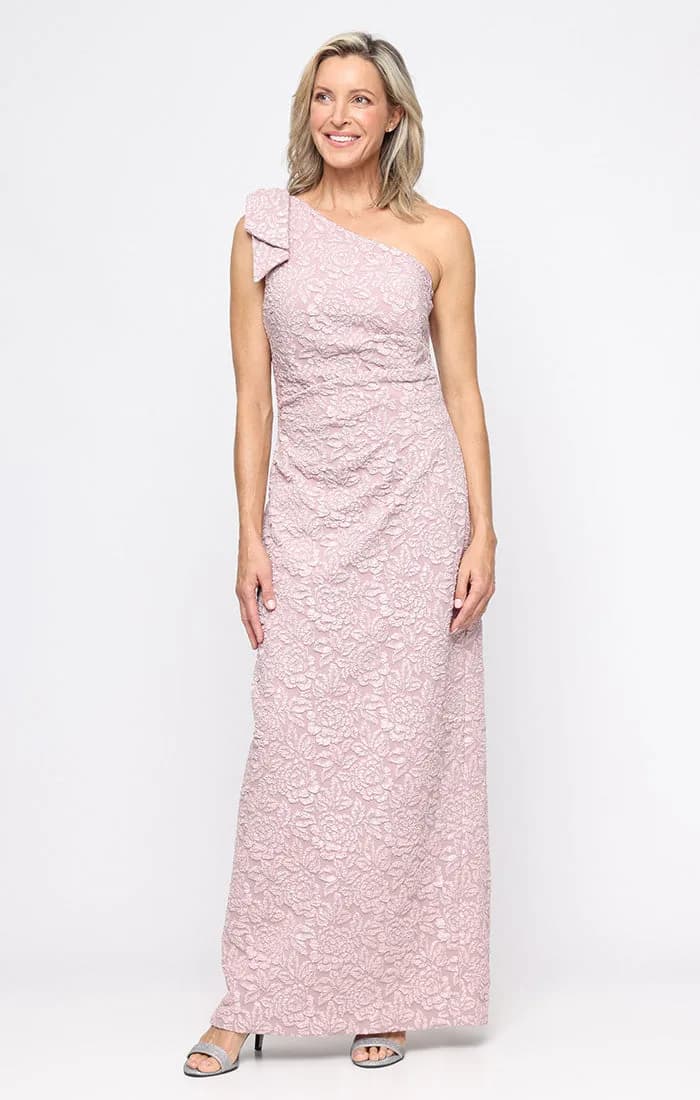 Petite Long Embossed Crepe Column Dress with Bow Detail One Shoulder Neckline