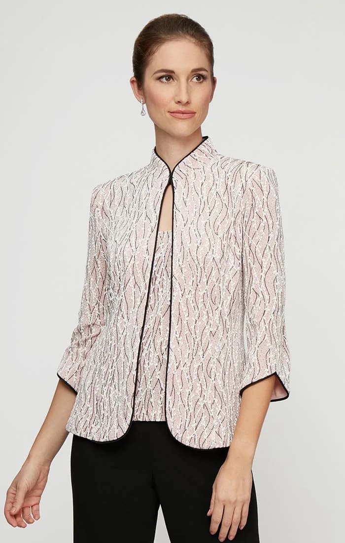 Glitter Knit Mandarin Neck Twinset with Scoop Neck Tank and Satin Piping Detail