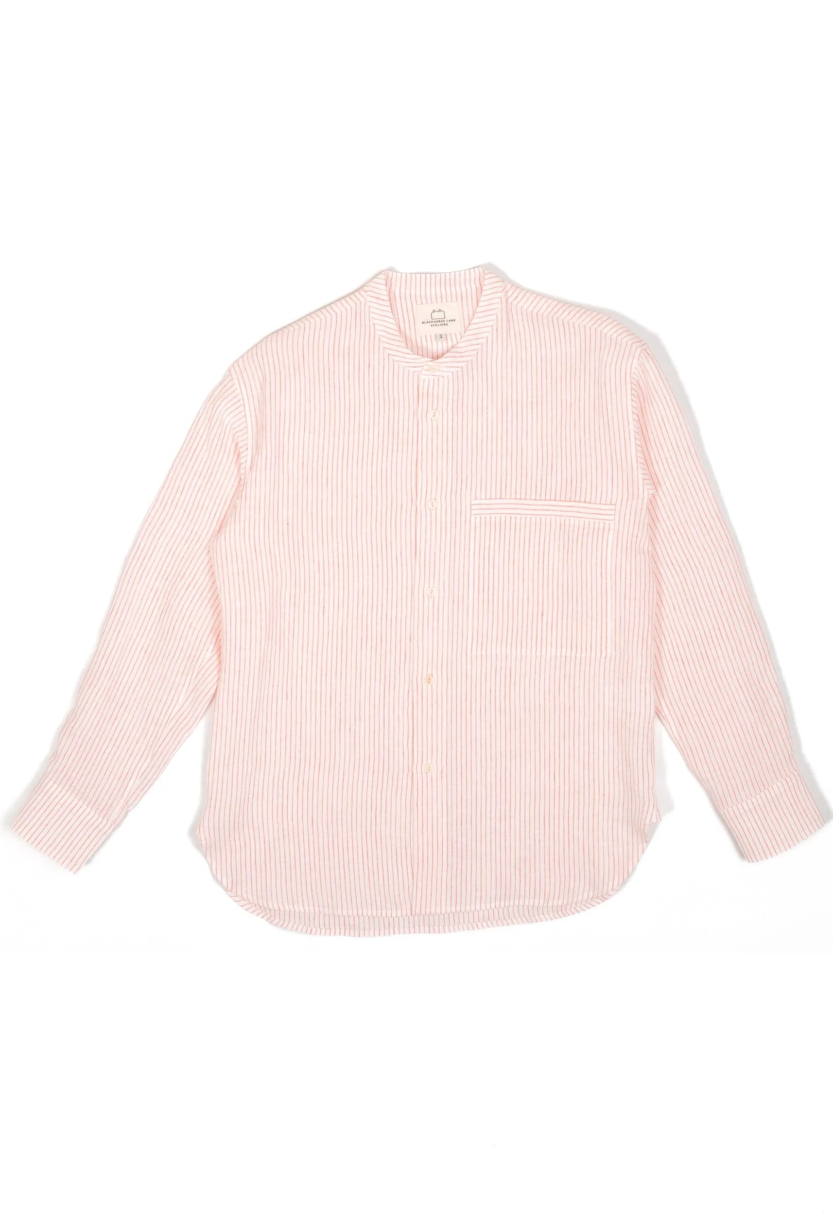 E13 Irish Linen Collarless Red Striped Shirt