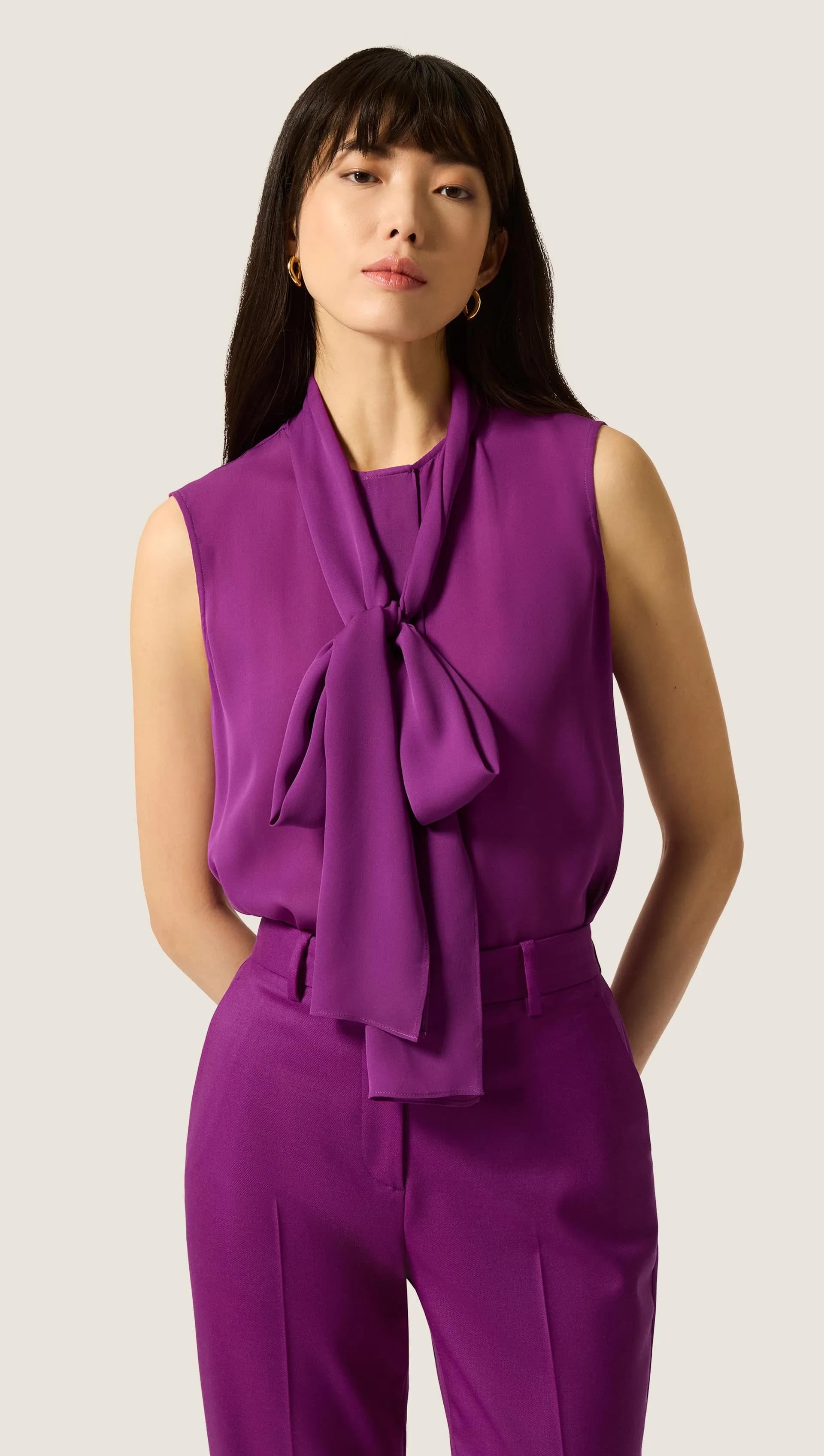 Sleeveless Bow Blouse in Silk Double Georgette | Violet