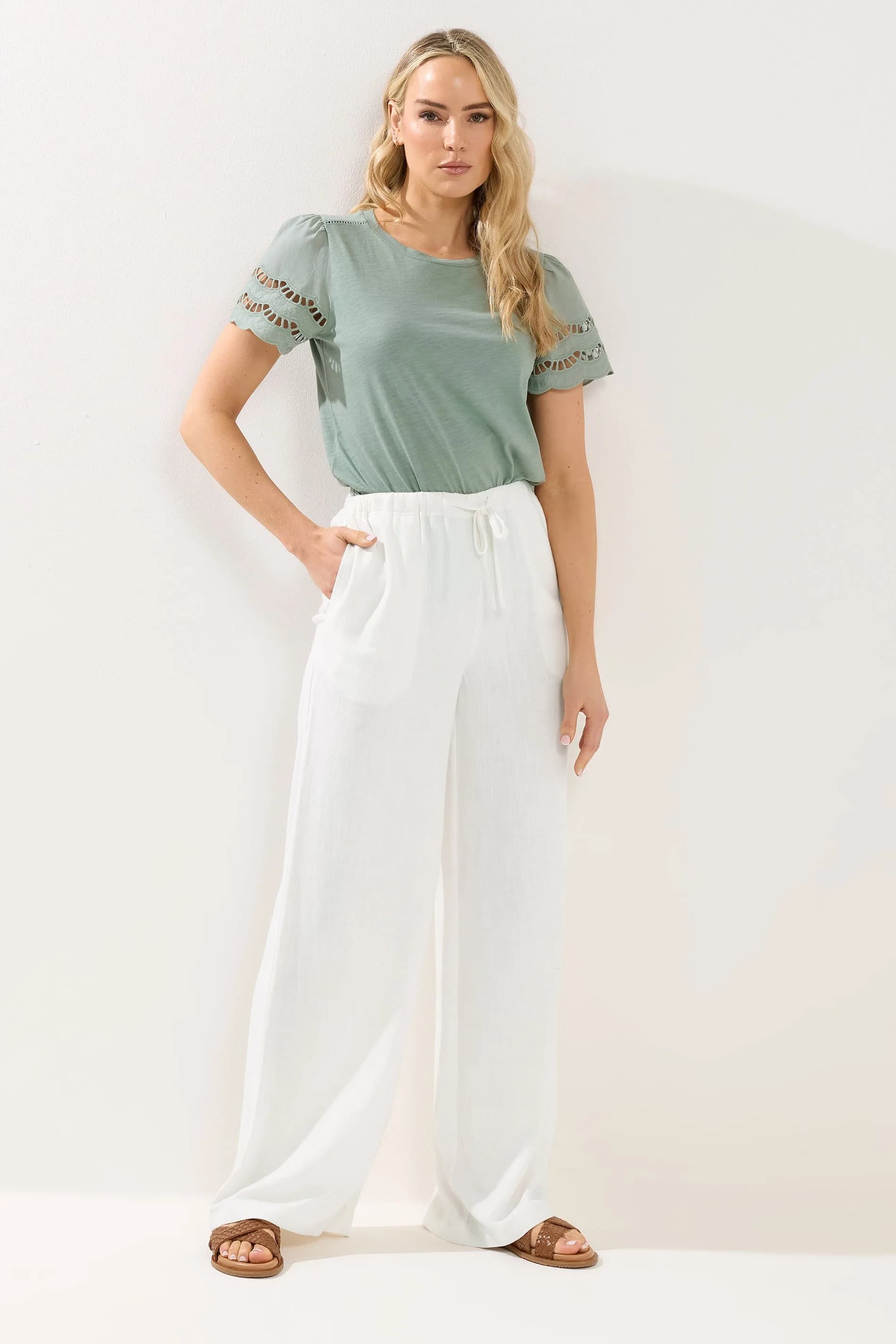Tall White Wide Leg Linen Trousers