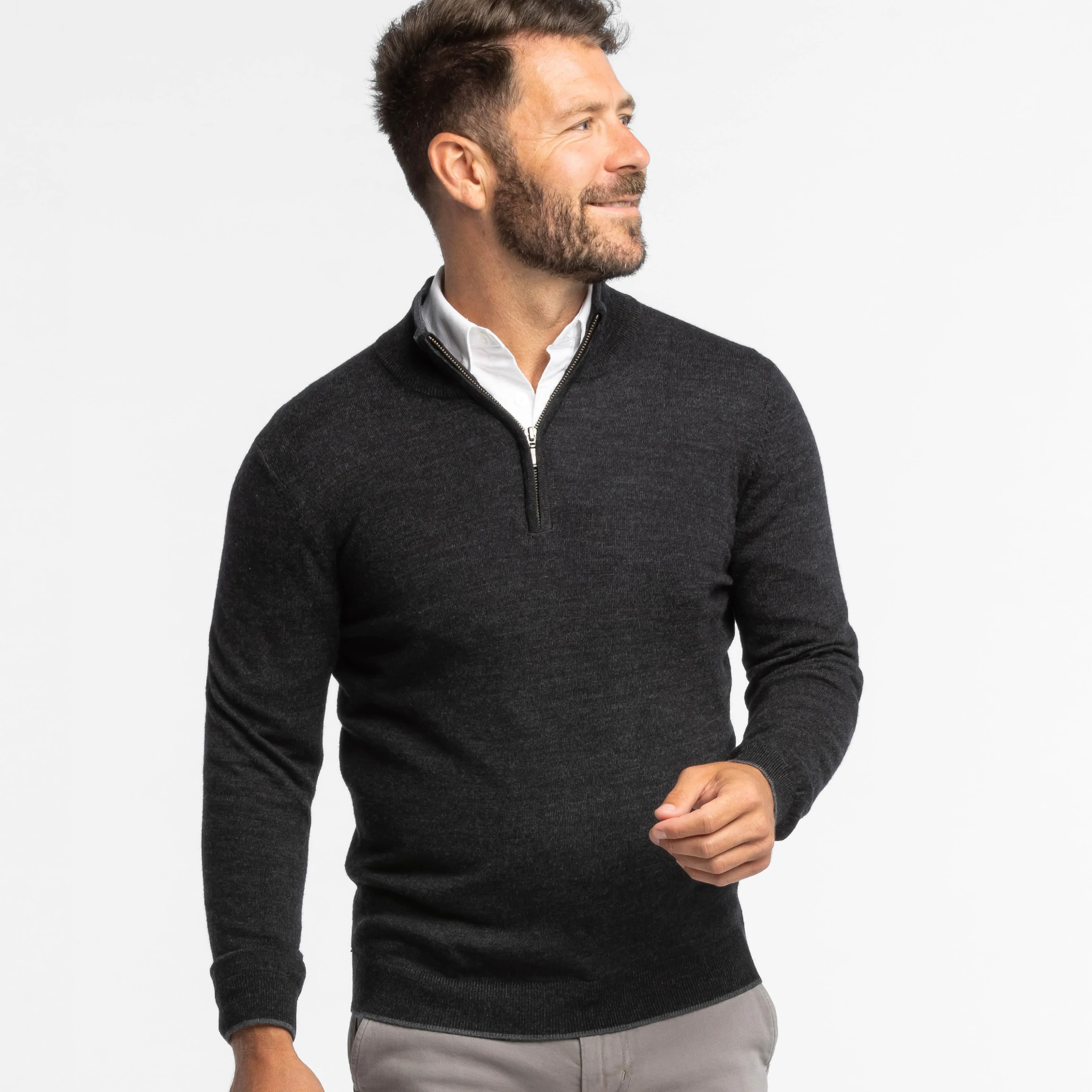 Heather Black Merino Quarter-zip Sweater