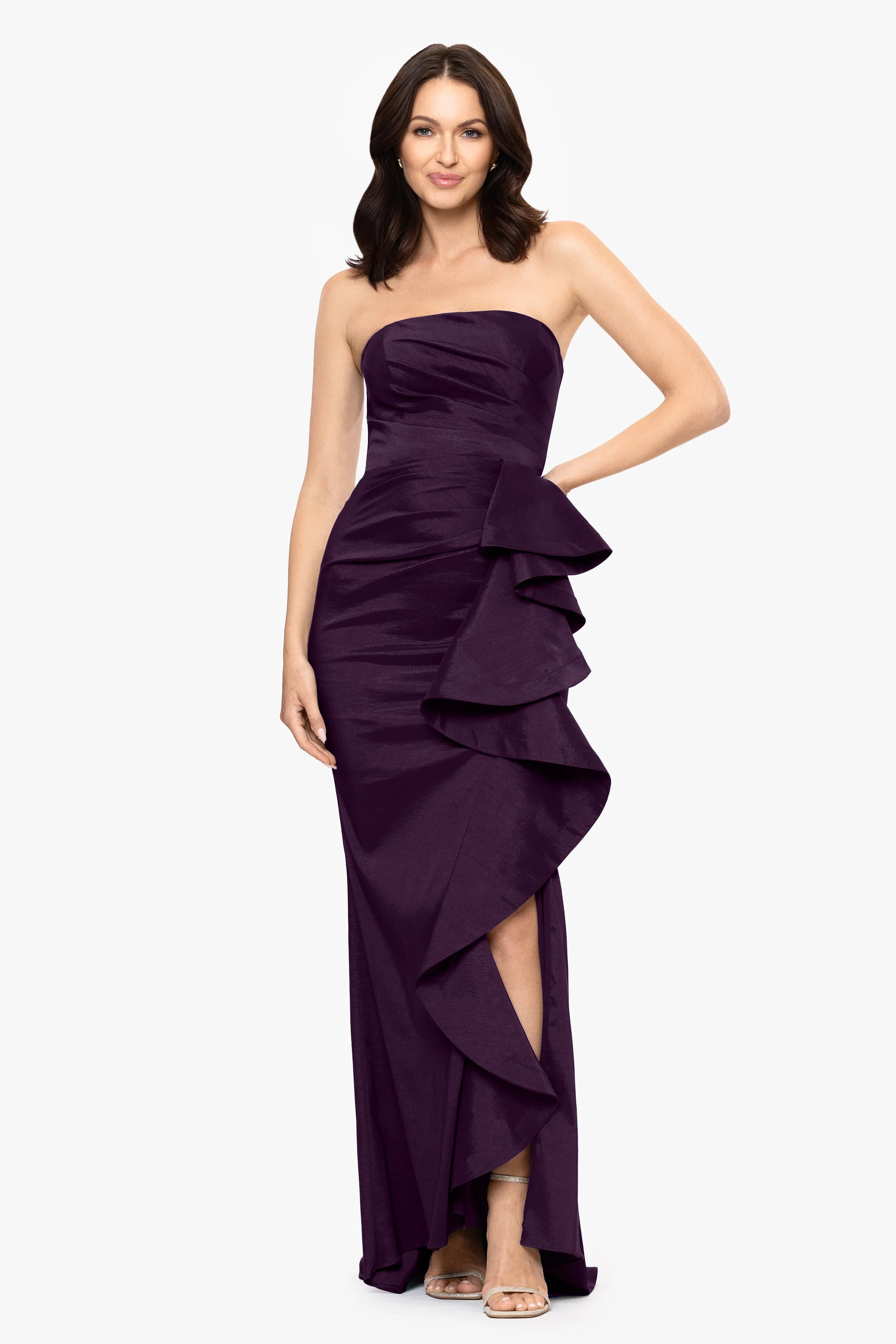 "rowan" Taffeta Strapless Ruffle Floor Length Dress