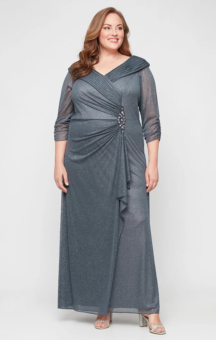 Plus Long Portrait Collar Glitter Mesh Dress with Illusion Sleeves and Embellished Ruched Waist Detail