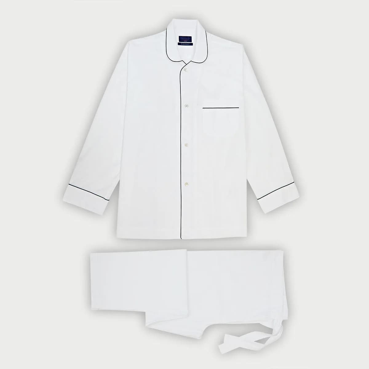 White Fine Twill Sea Island Quality Cotton Pyjamas with Navy Piping