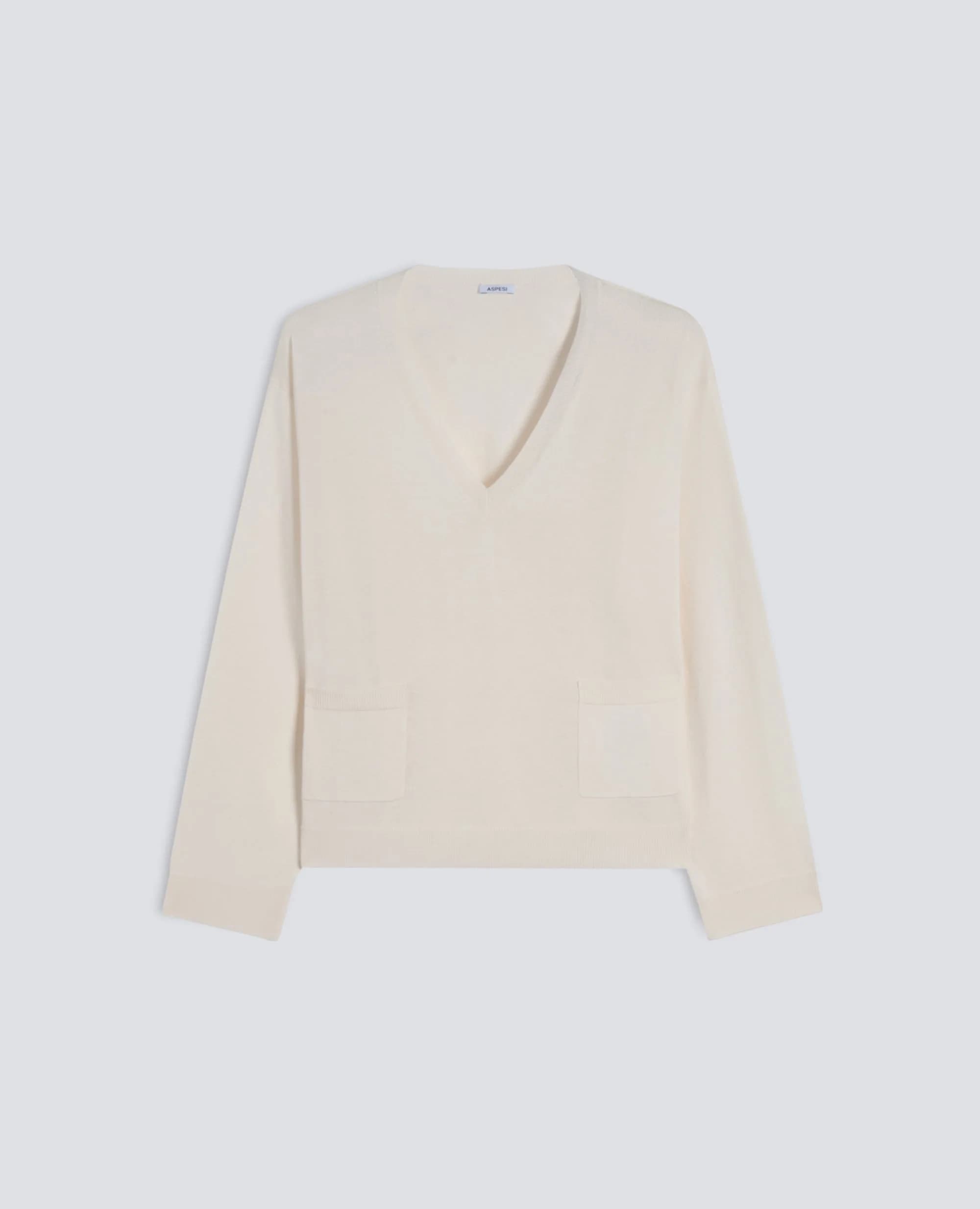 Maglia a Maniche Lunghe Con Scollo a "v" in Filato Di Seta, Cotone E Cashmere