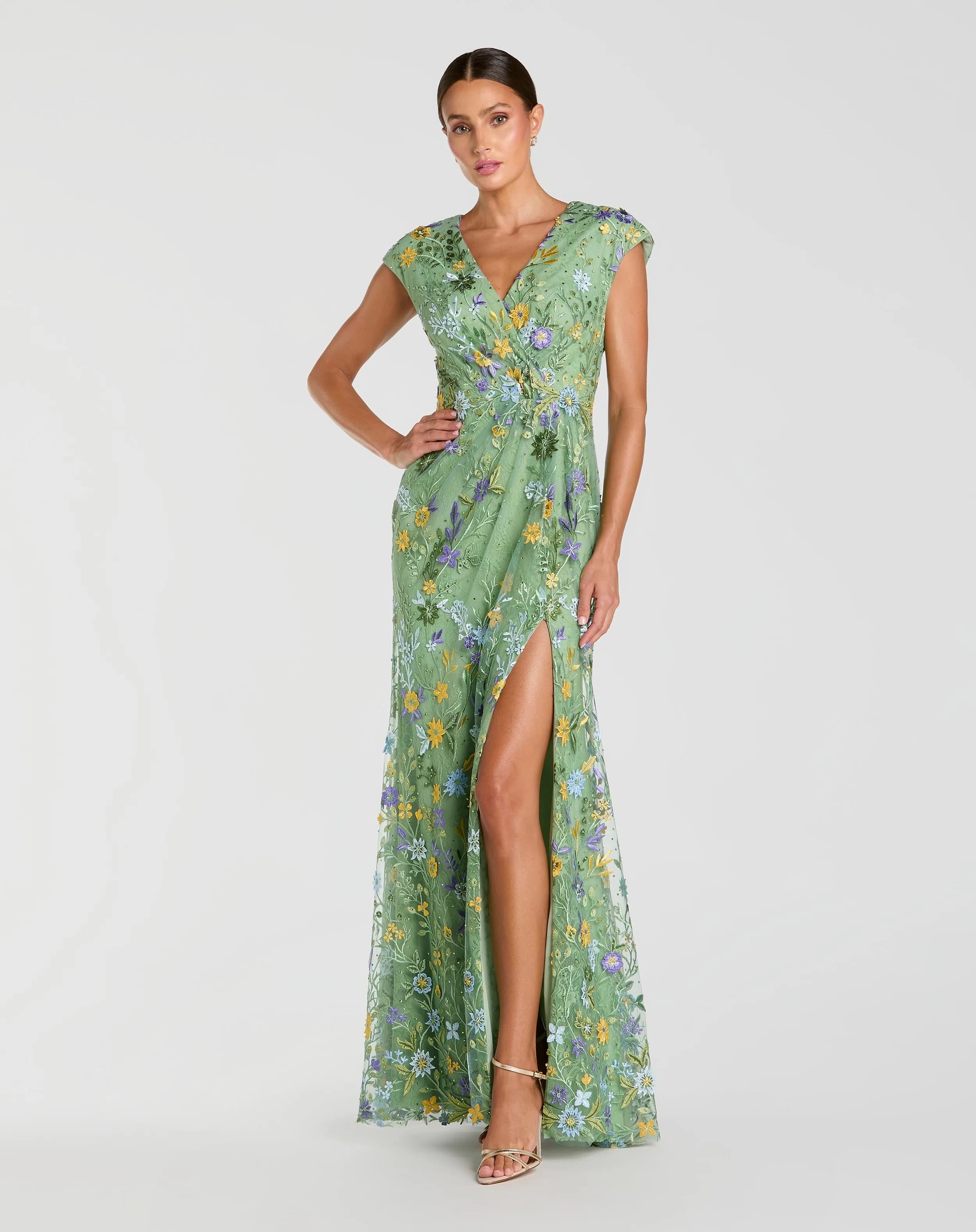 Green Faux Wrap Embroidered Cap Sleeve Gown