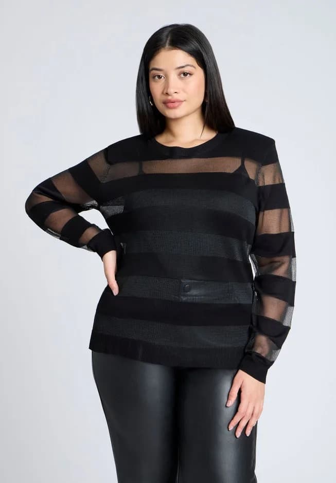 Sheer Stripe Sweater With Shoulder Pad