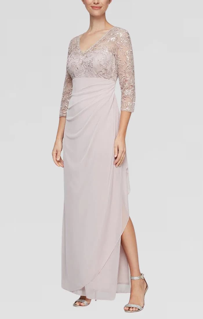 V-Neck Empire Waist Dress with Illusion Sleeves & Chiffon Skirt