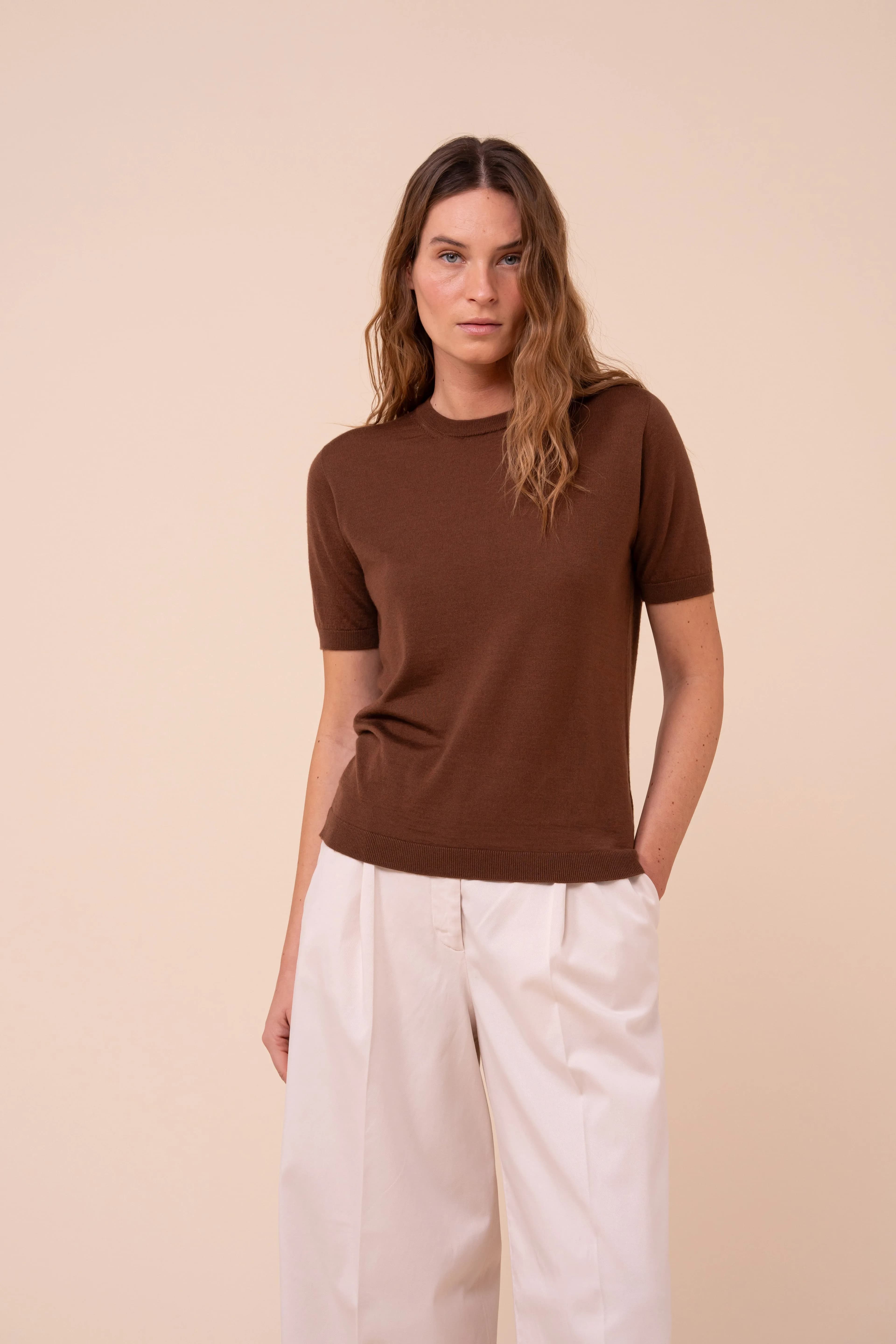 Pearly Cashmere-Silk Short Sleeve Crewneck