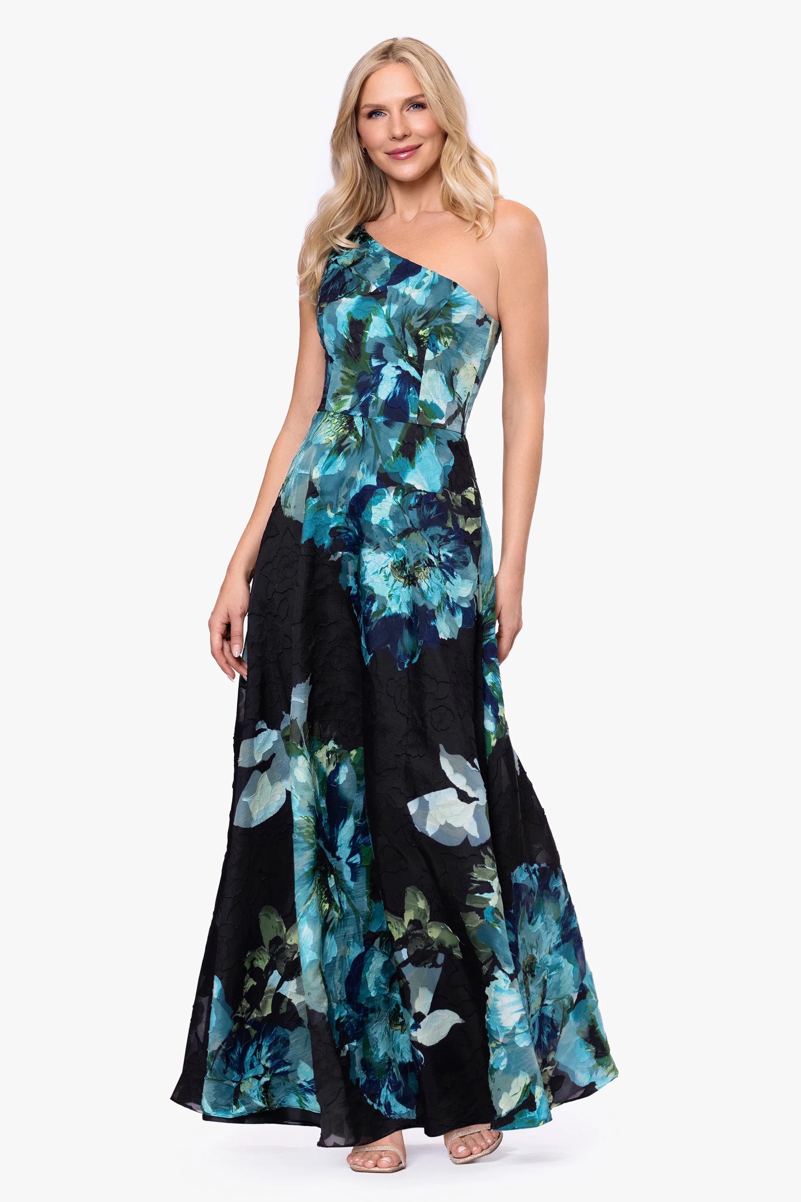 Petite "carli" Organza Jacquard Burnout One Shoulder Floor Length Dress