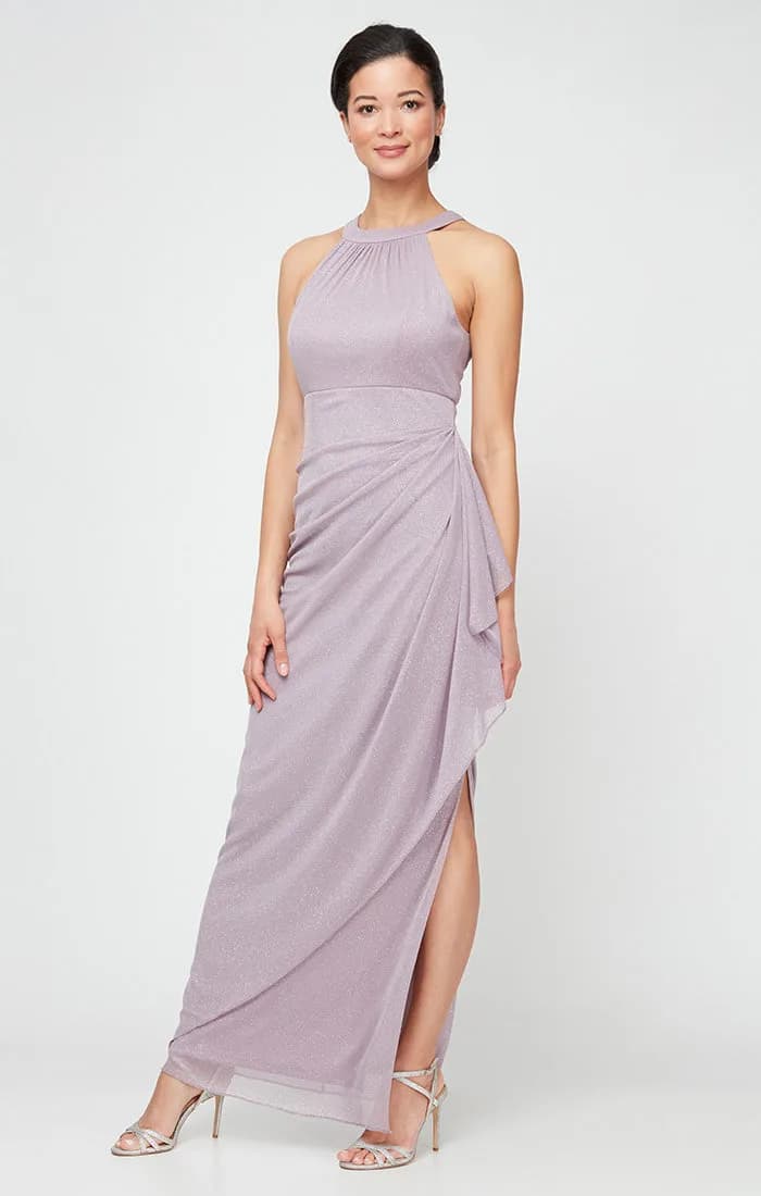 Petite Glitter Mesh Halter Neck Dress with Cascade Detail Skirt