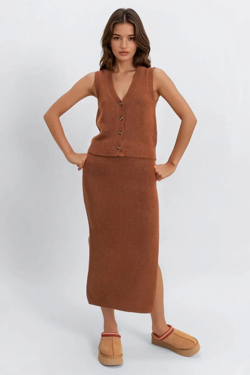 Button-front Vest & Maxi Skirt Sweater Set