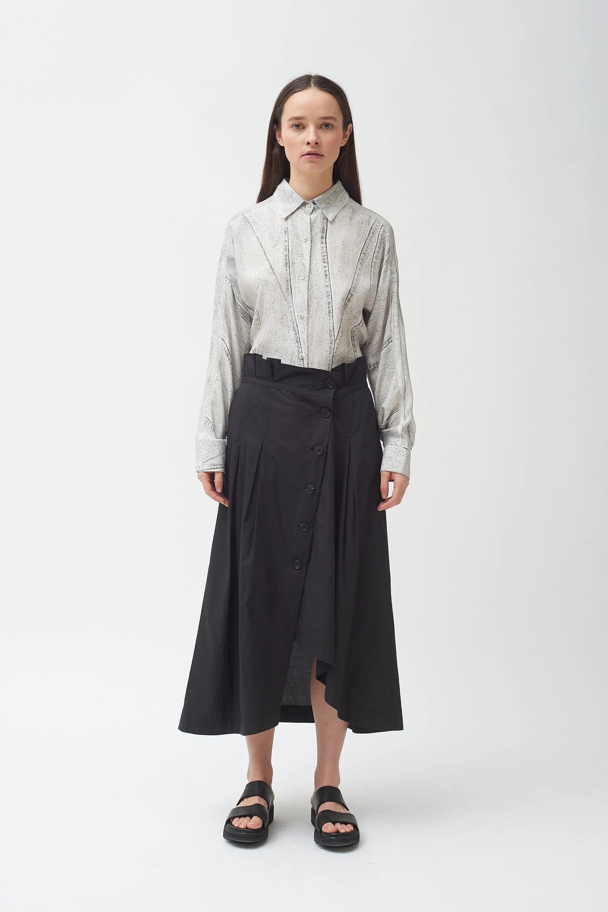 Button Down Cotton Poplin Asymmetric Skirt