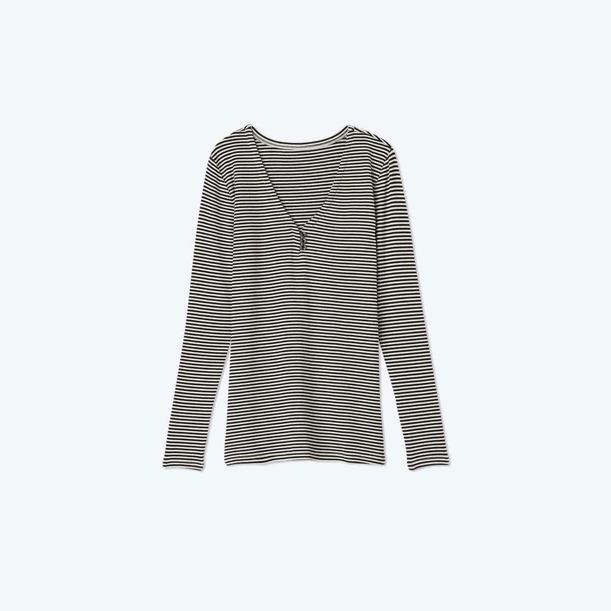 The Softest Ribbed Long Sleeve Henley - Sea Urchin & Oatmeal Stripe