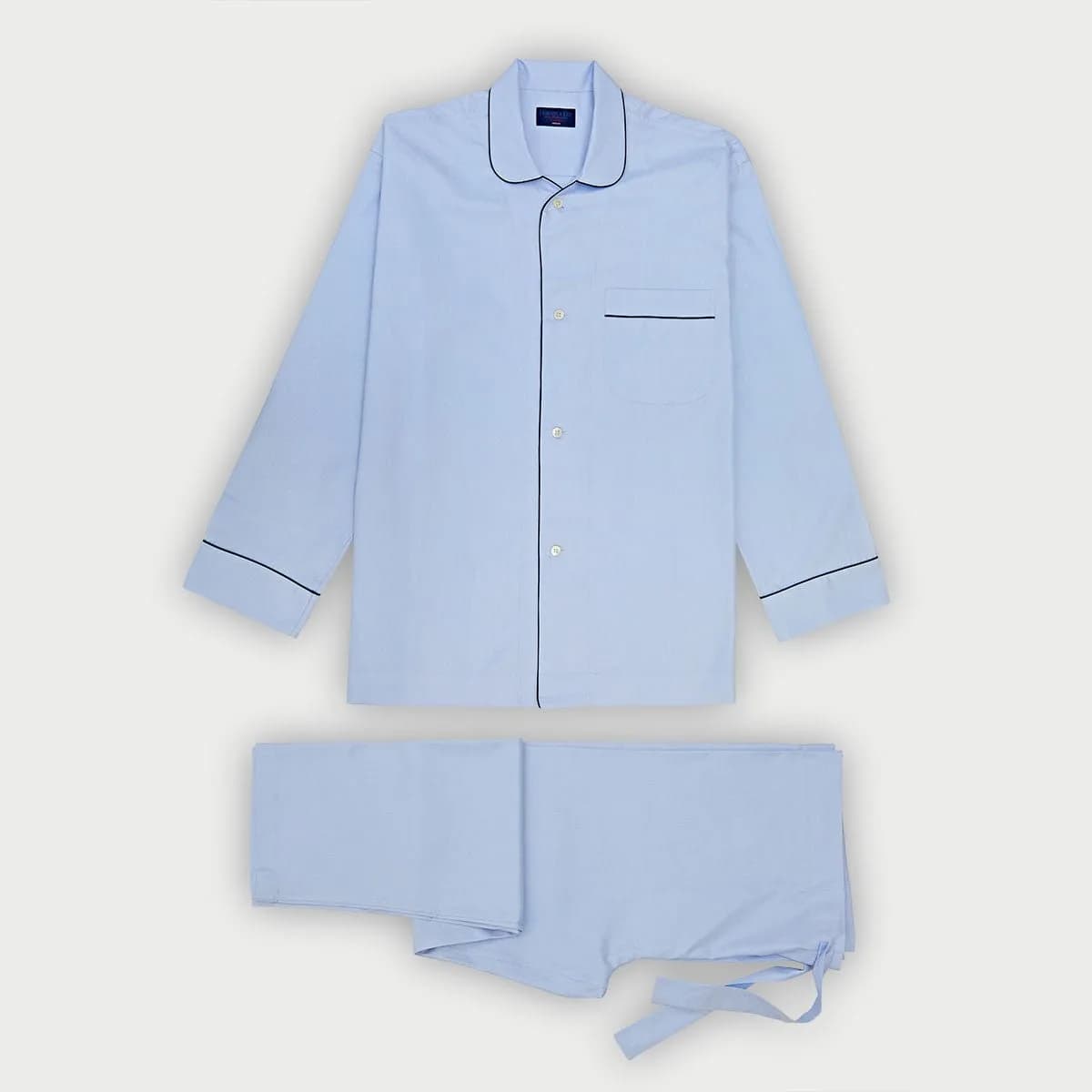 Light Blue Herringbone Cotton Pyjamas with Navy Piping