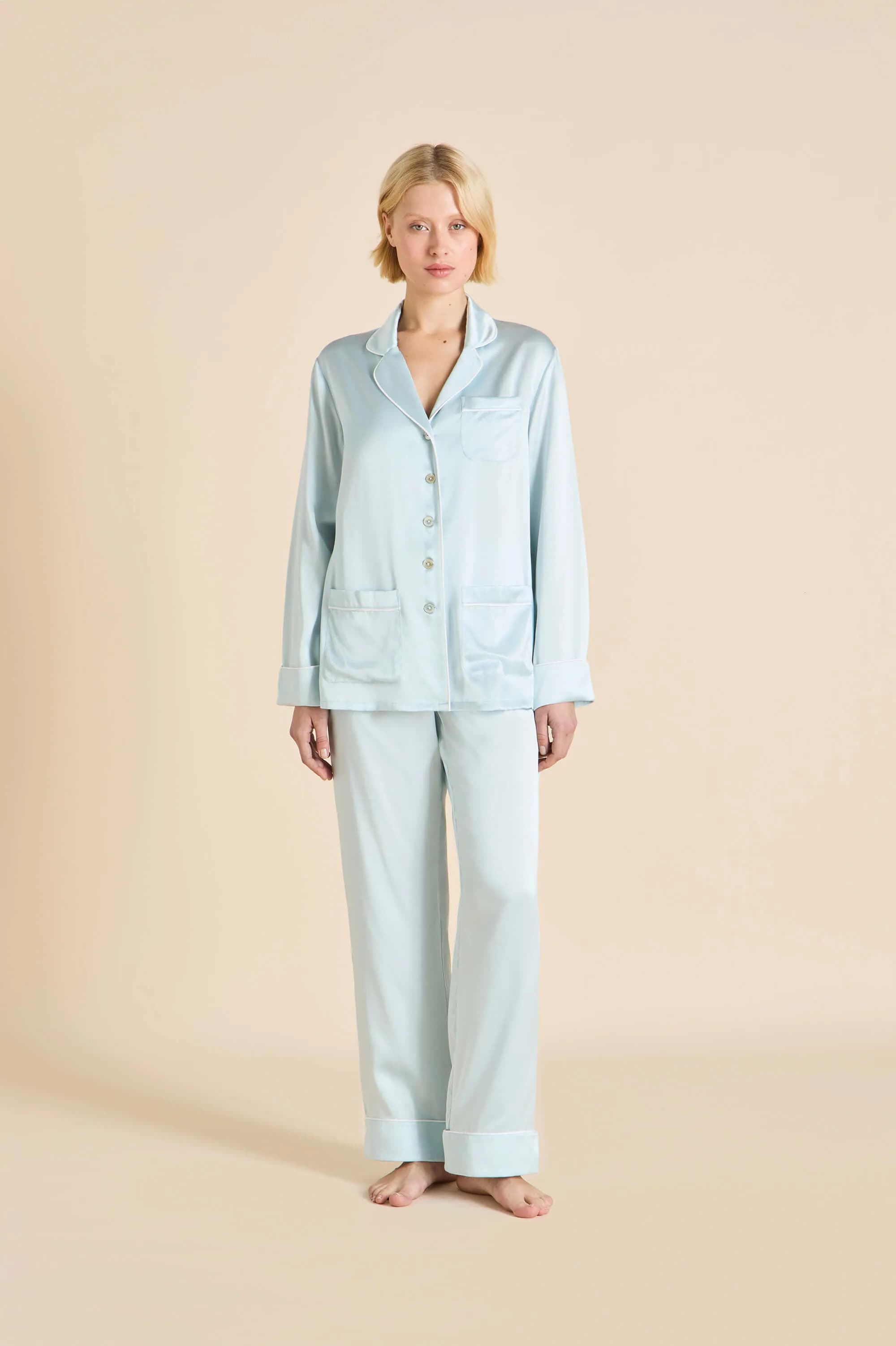 Coco Powder Blue Ivory Pyjamas in Silk Satin