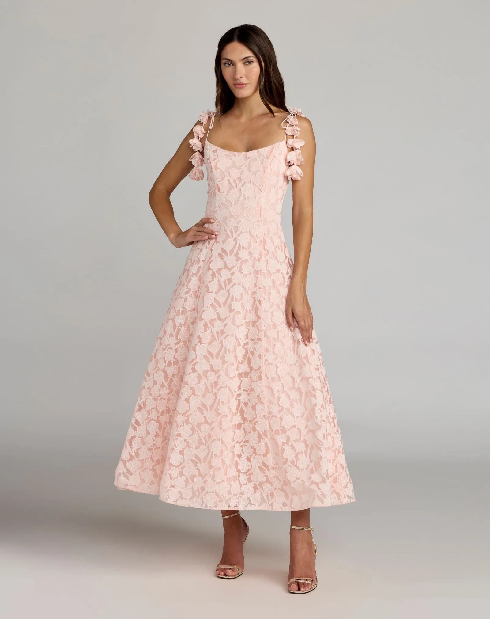 Pink Scoop Neck Floral A-Line Midi Dress