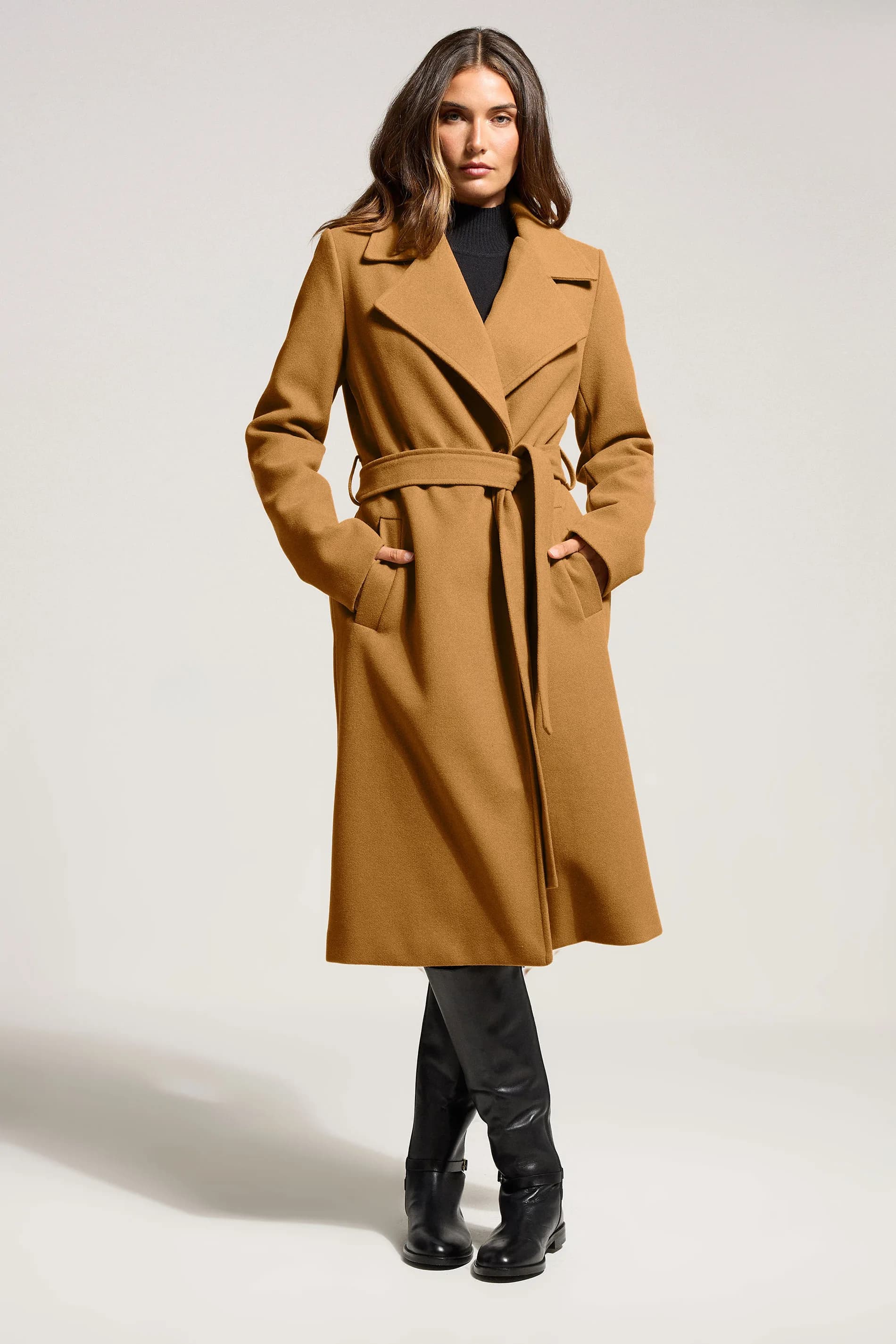 Tall Beige Brown Formal Wrap Belted Midi Coat
