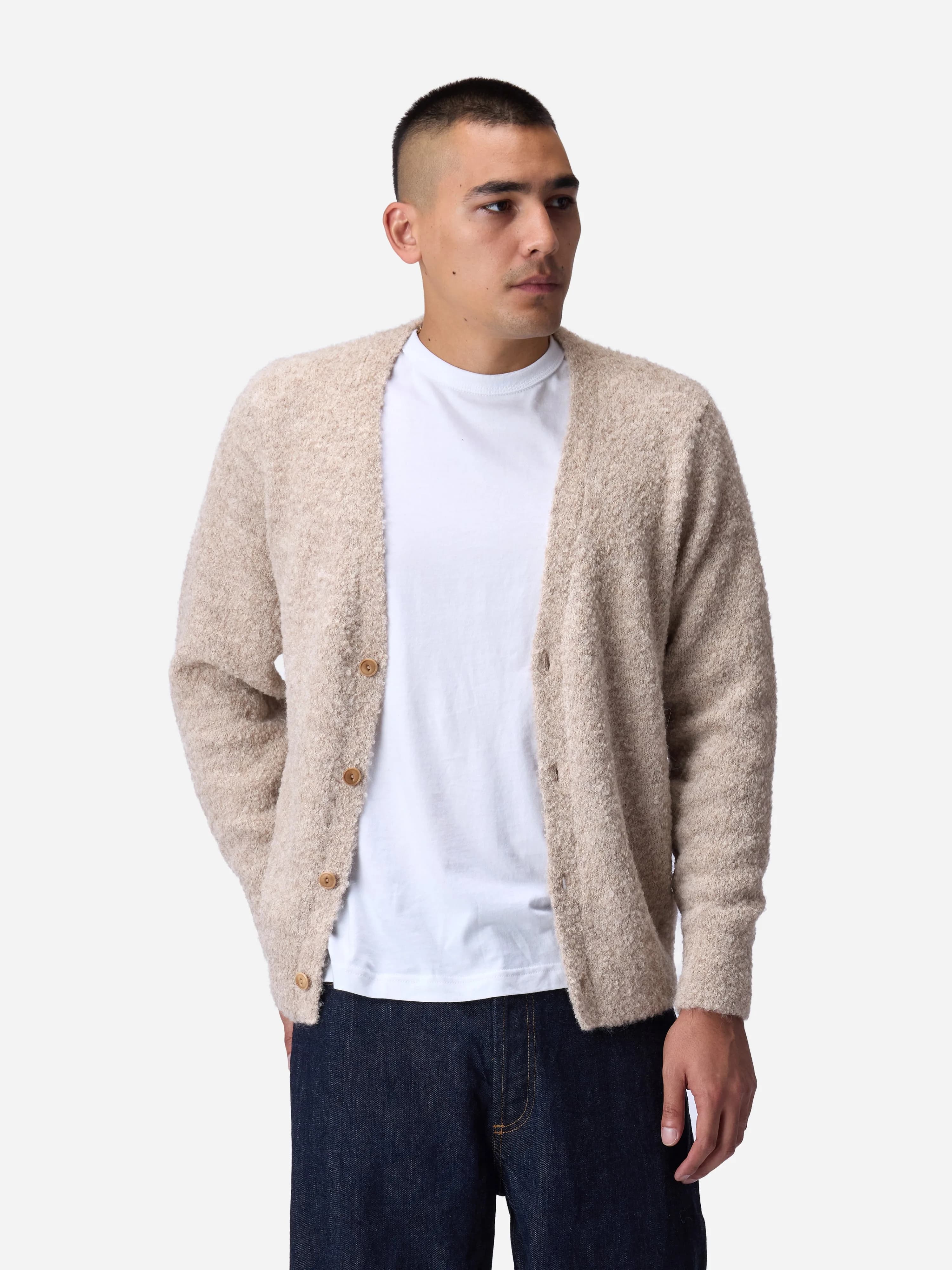 V-neck Cardigan ~ Khaki Boucle Alpaca