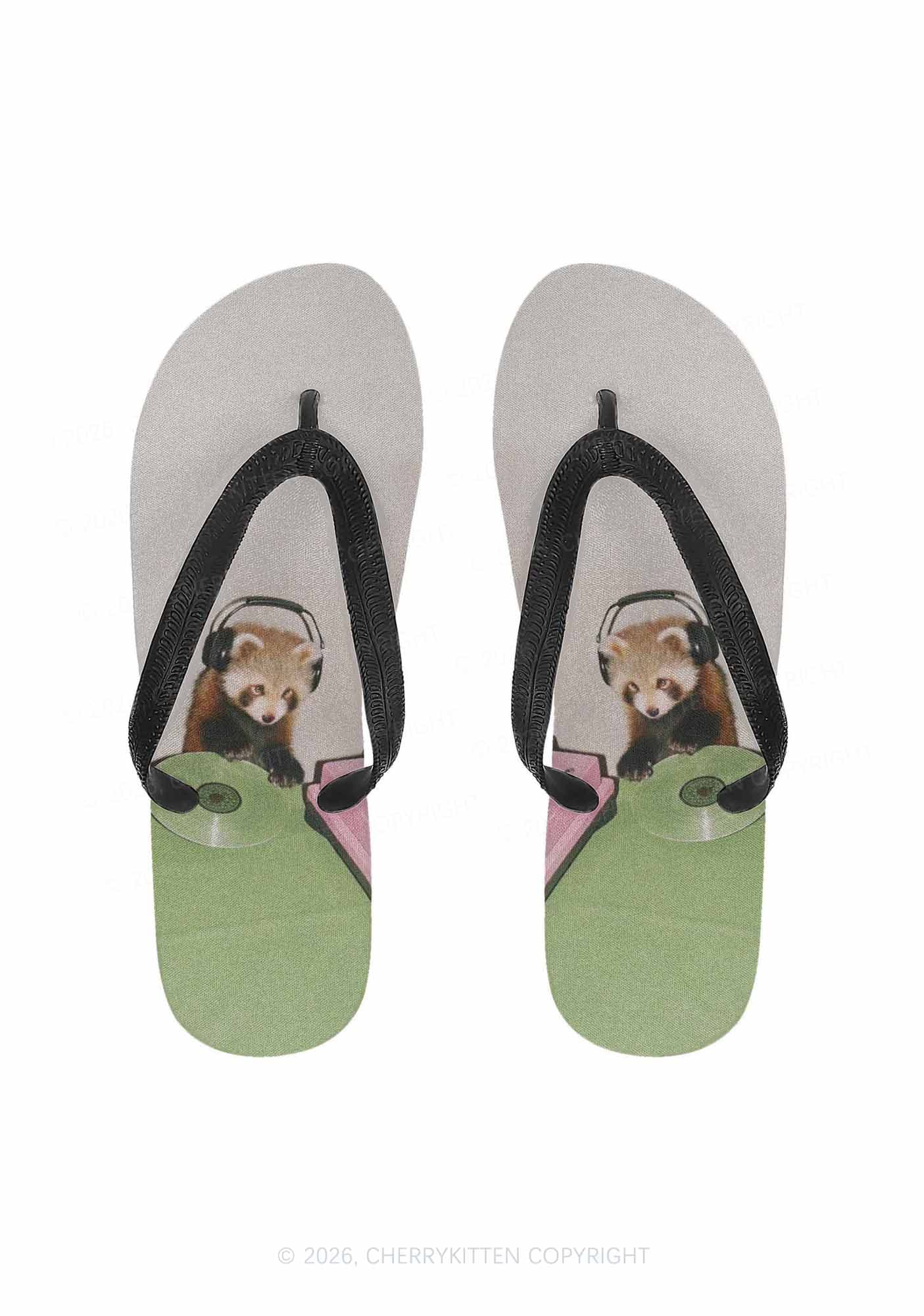Red Panda DJ Y2K Print Flip Flops