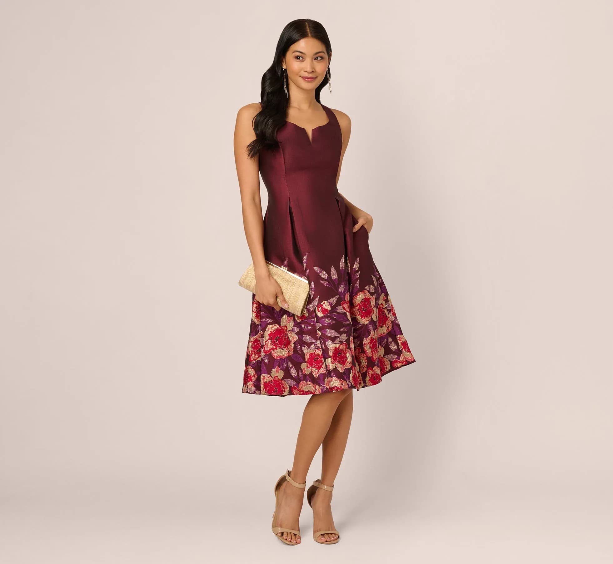 Sleeveless Floral Border Jacquard Midi Dress