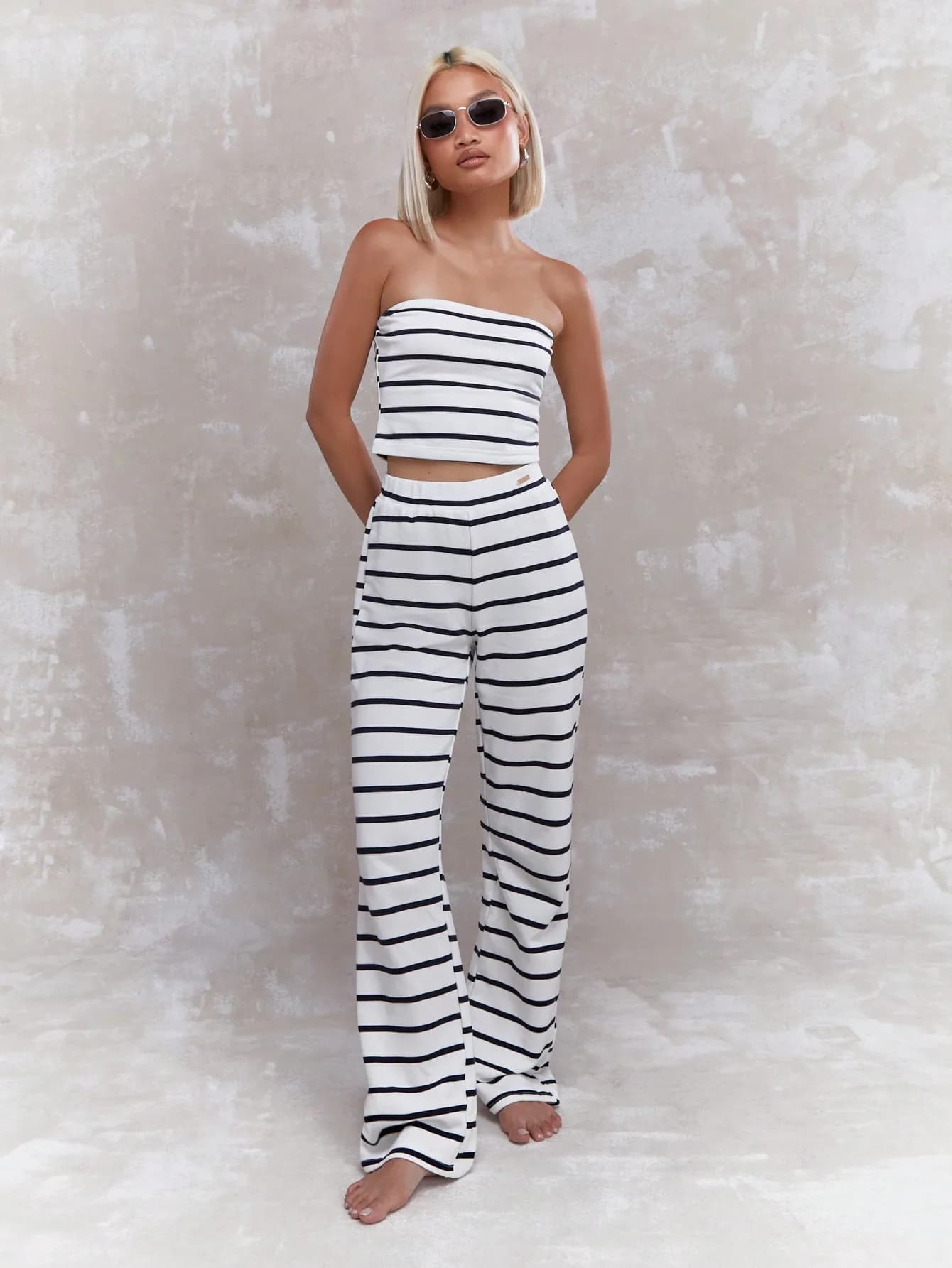 Striped Bandeau Top and Flared Pants Co-ord Set