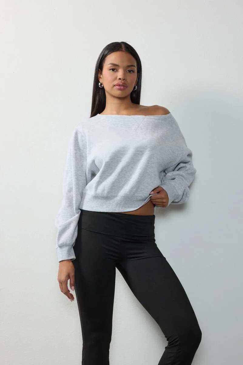 Off-the-shoulder Cropped Fleece Pullover