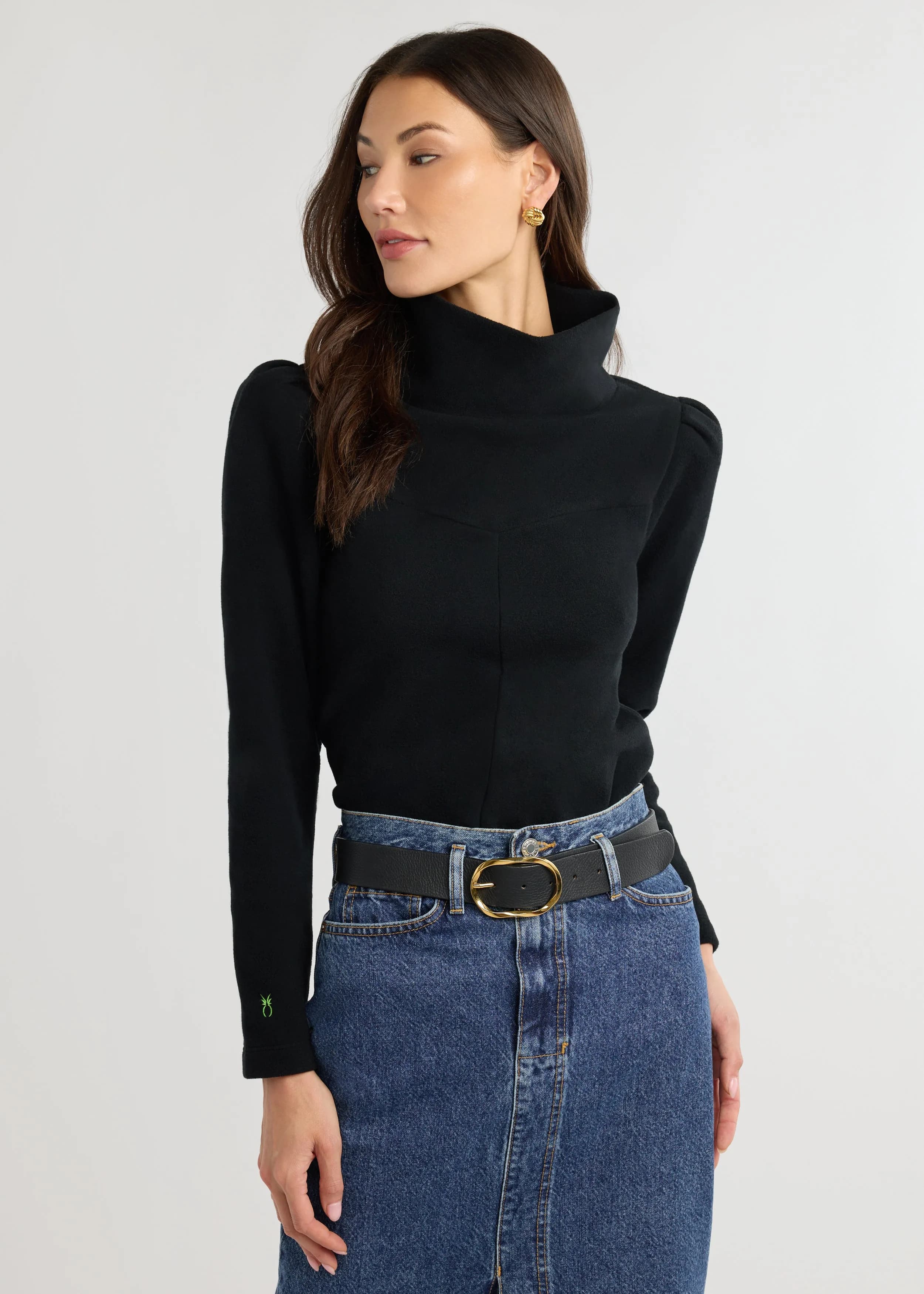 Puff Sleeve Turtleneck in Vello Fleece (Black)
