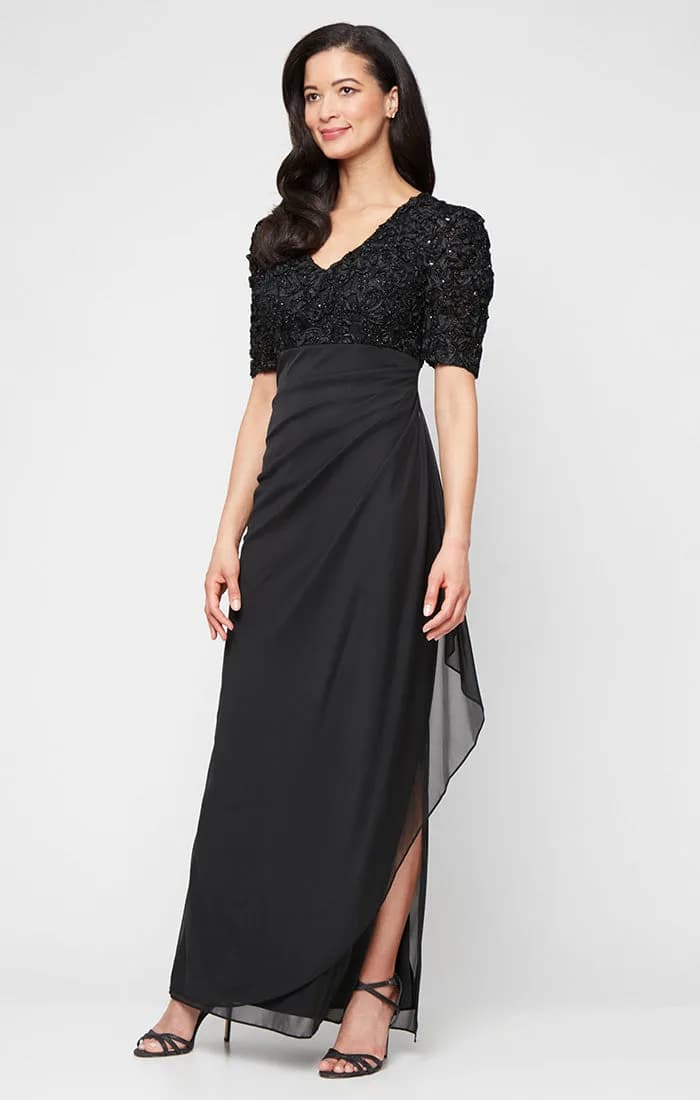 Petite Long Empire Waist Dress with Soutache Bodice, Puff Sleeve Detail and Cascade Ruffle Skirt
