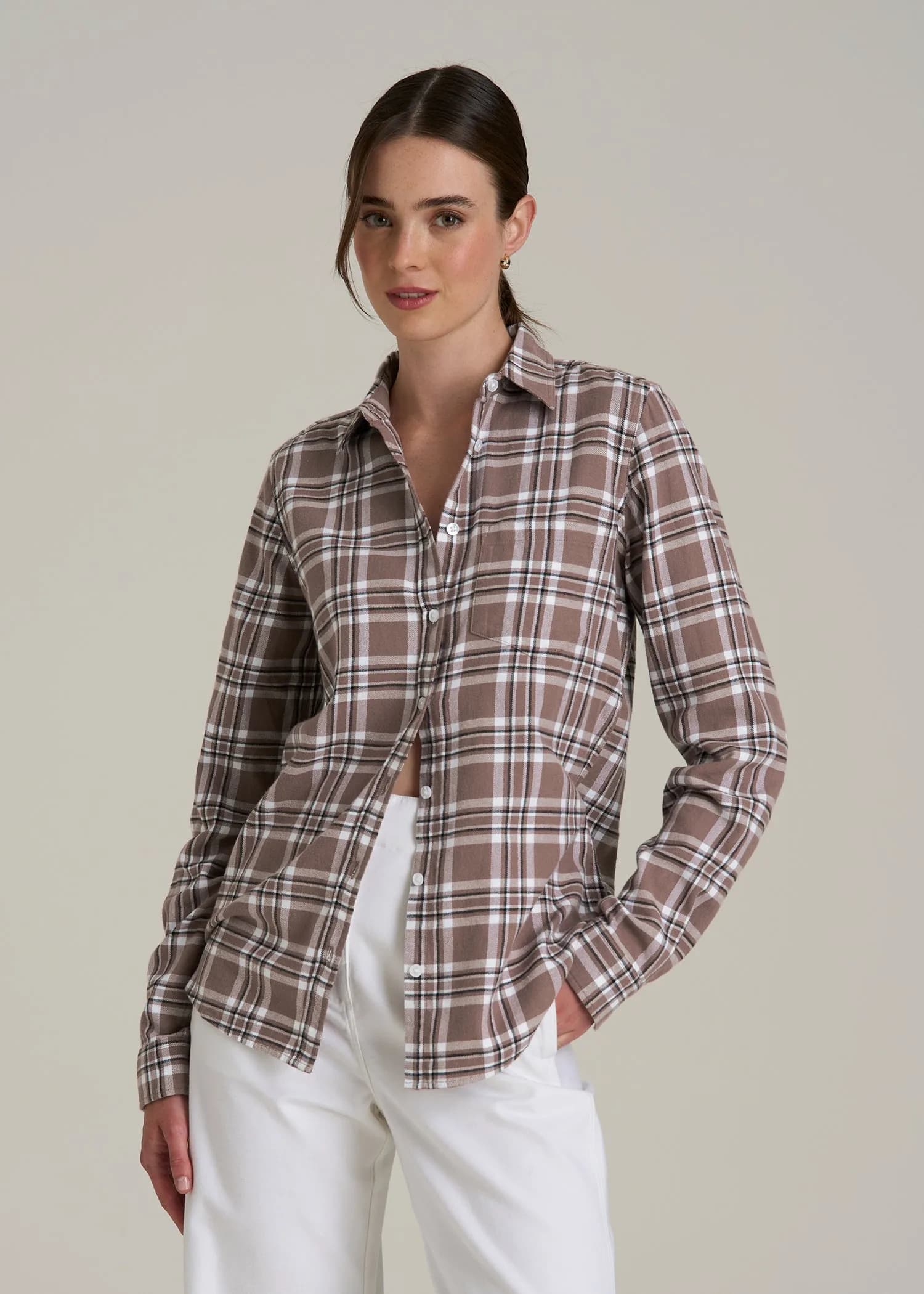 Flannel Button-Up Shirt for Tall Women in Woodsmoke with Black