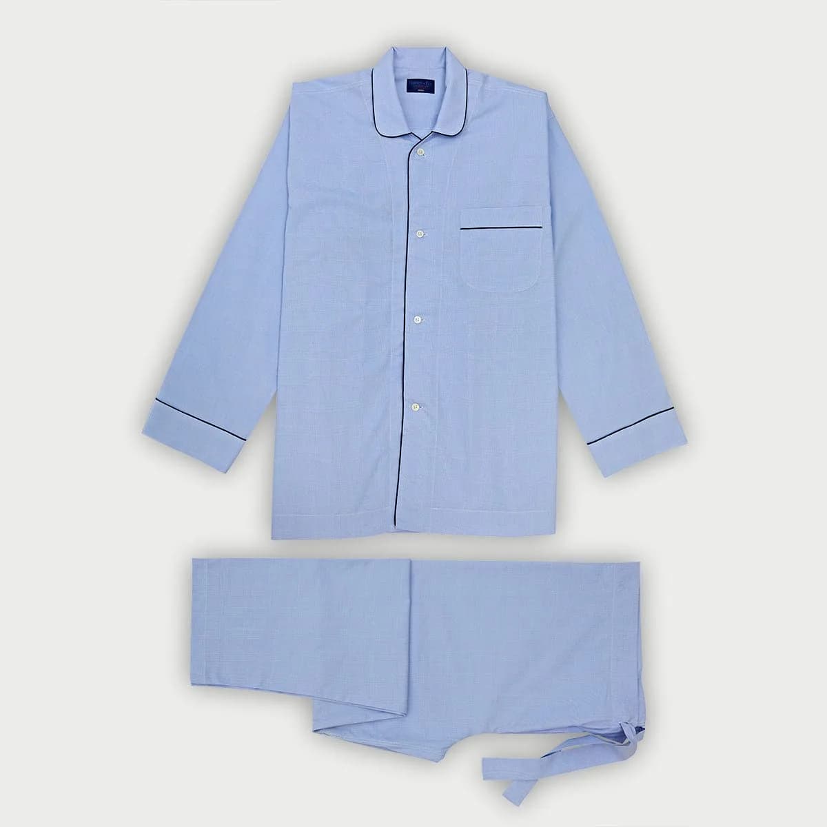 Blue Prince of Wale Check Cotton Pyjamas with Navy Piping