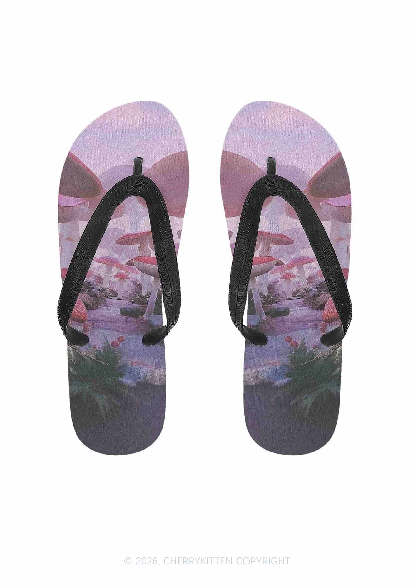 Pink Mushroom Y2K Print Flip Flops