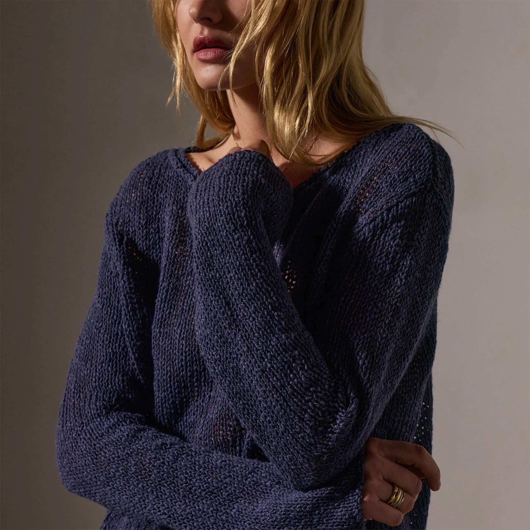 Cotton Linen Open Knit Pullover - Faded Navy