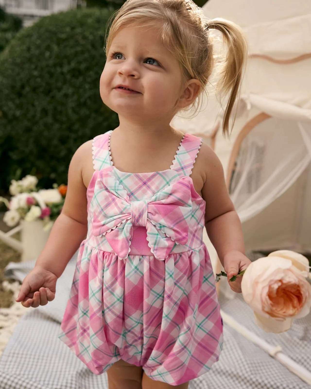 Springtime Plaid Bubble Bow Romper