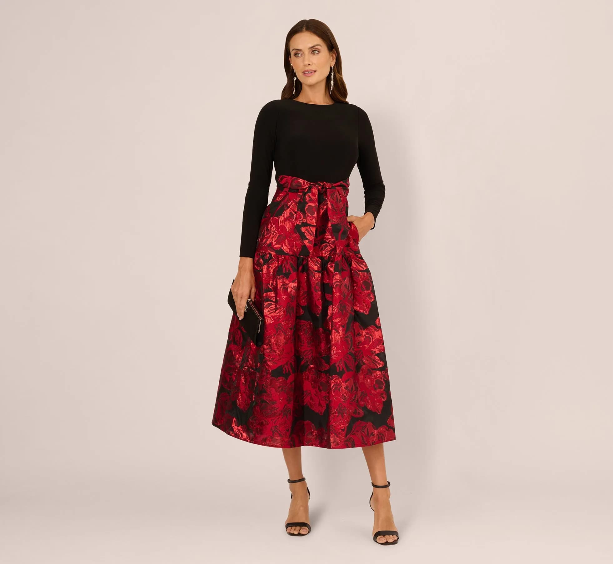 Floral Jacquard Dress In Black Red
