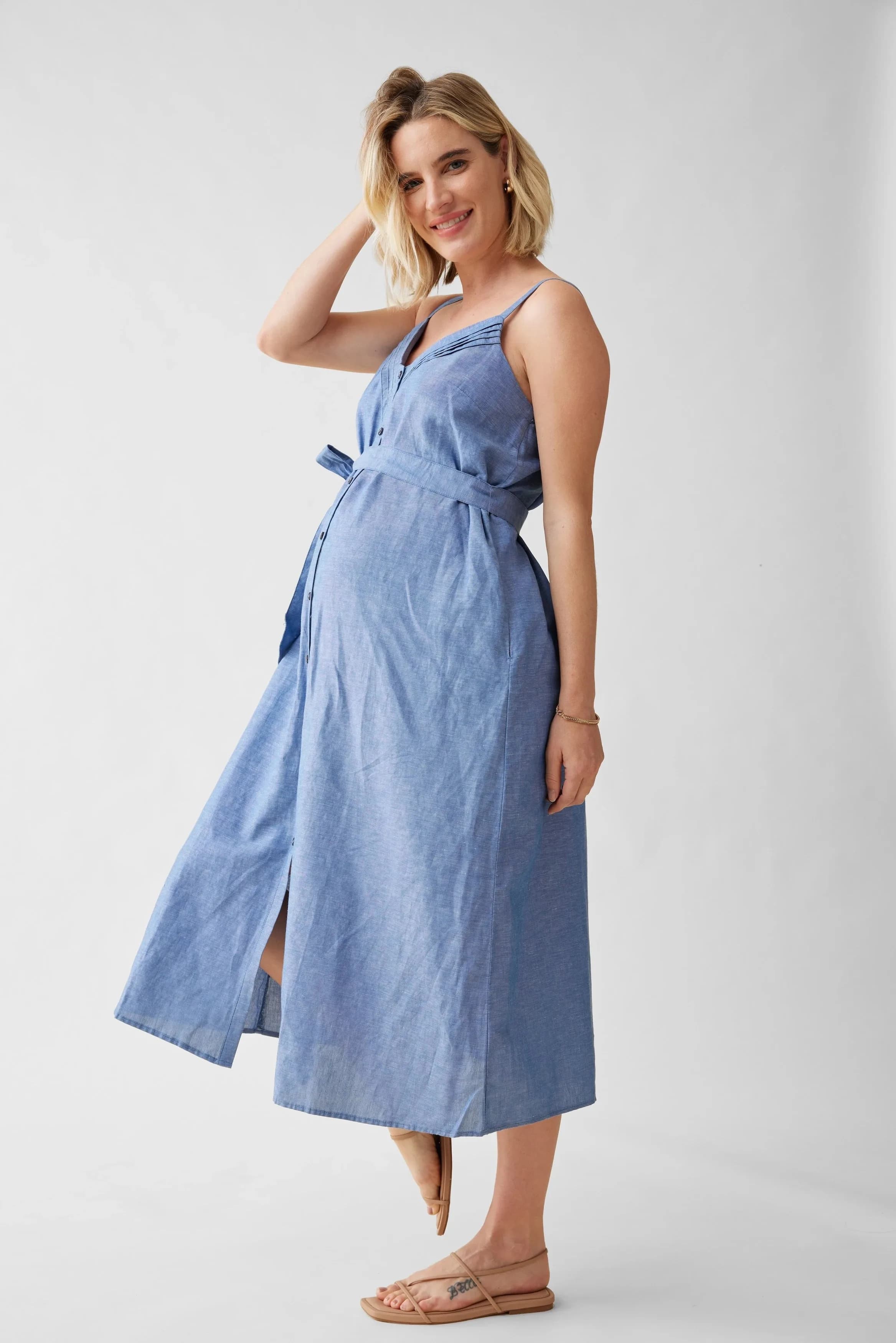 The Chambray Button Front Maternity Midi Dress
