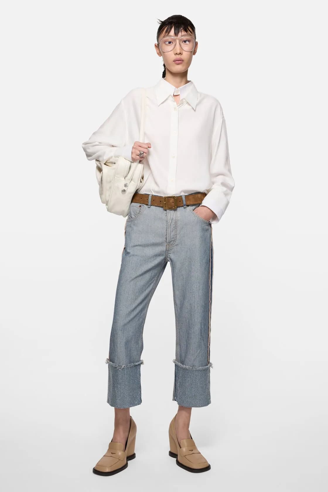 Denim rhinestone trousers